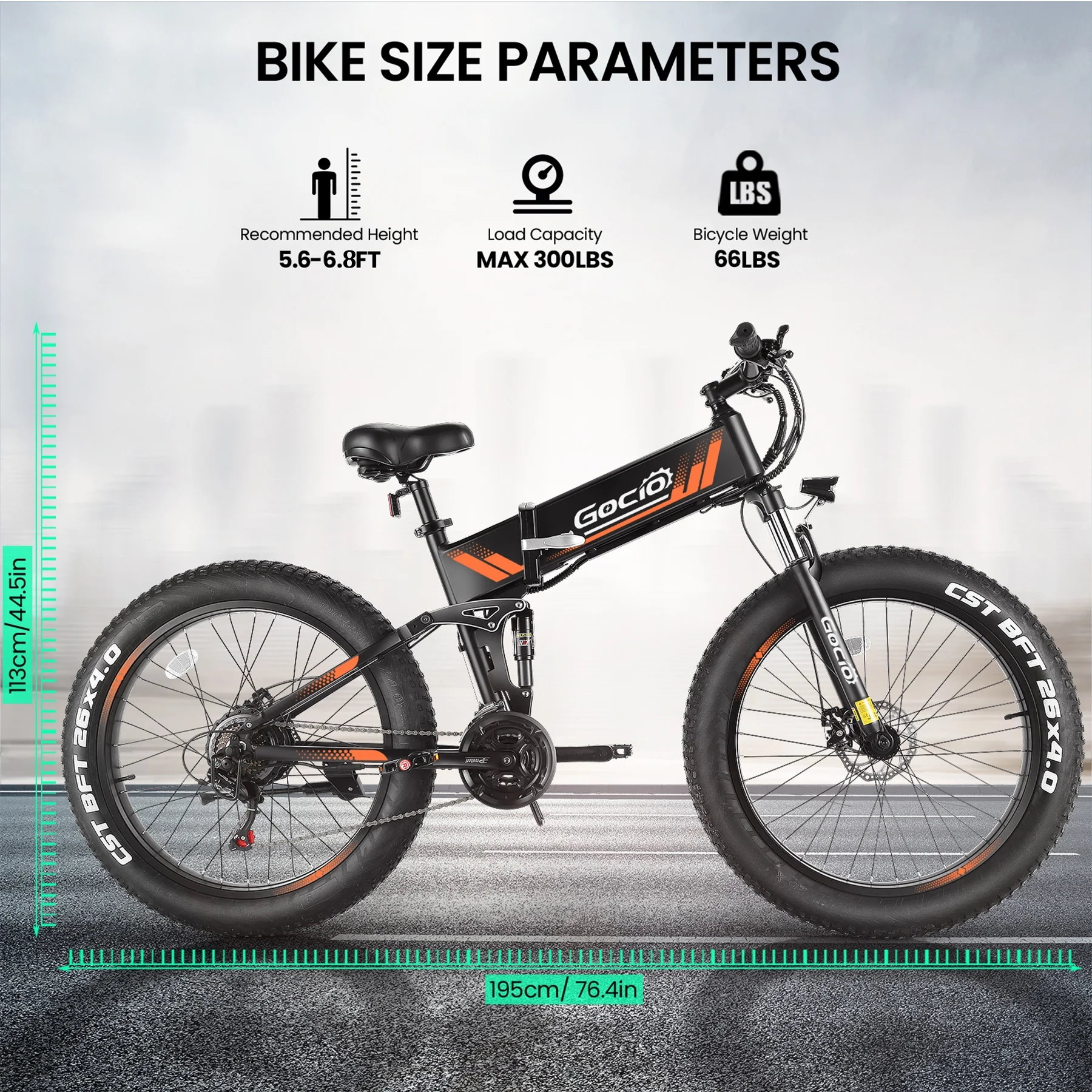 Gocio 26in Folding Fat Tire Electric Bike, 750W Peak, 48V 10.4Ah