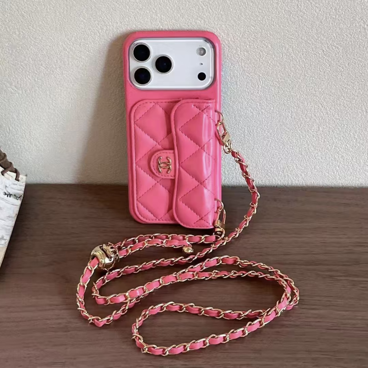 Chanel Style Quilted Wallet Phone Case With Adjustable Chain Crossbody Strap