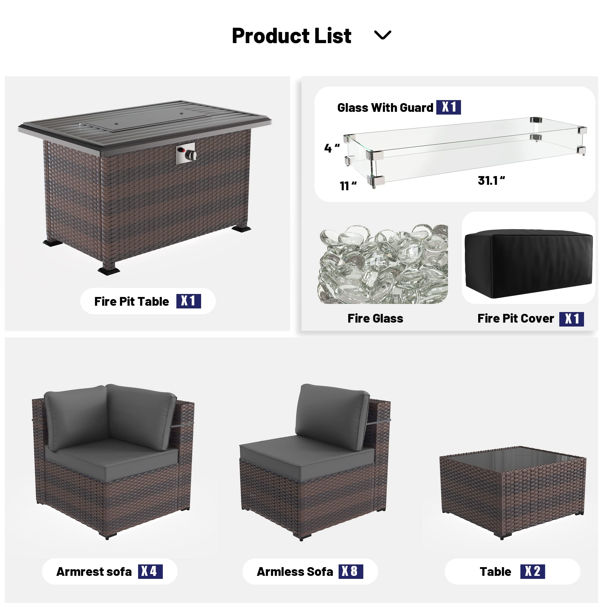 15 Pcs Patio Furniture Set with 43