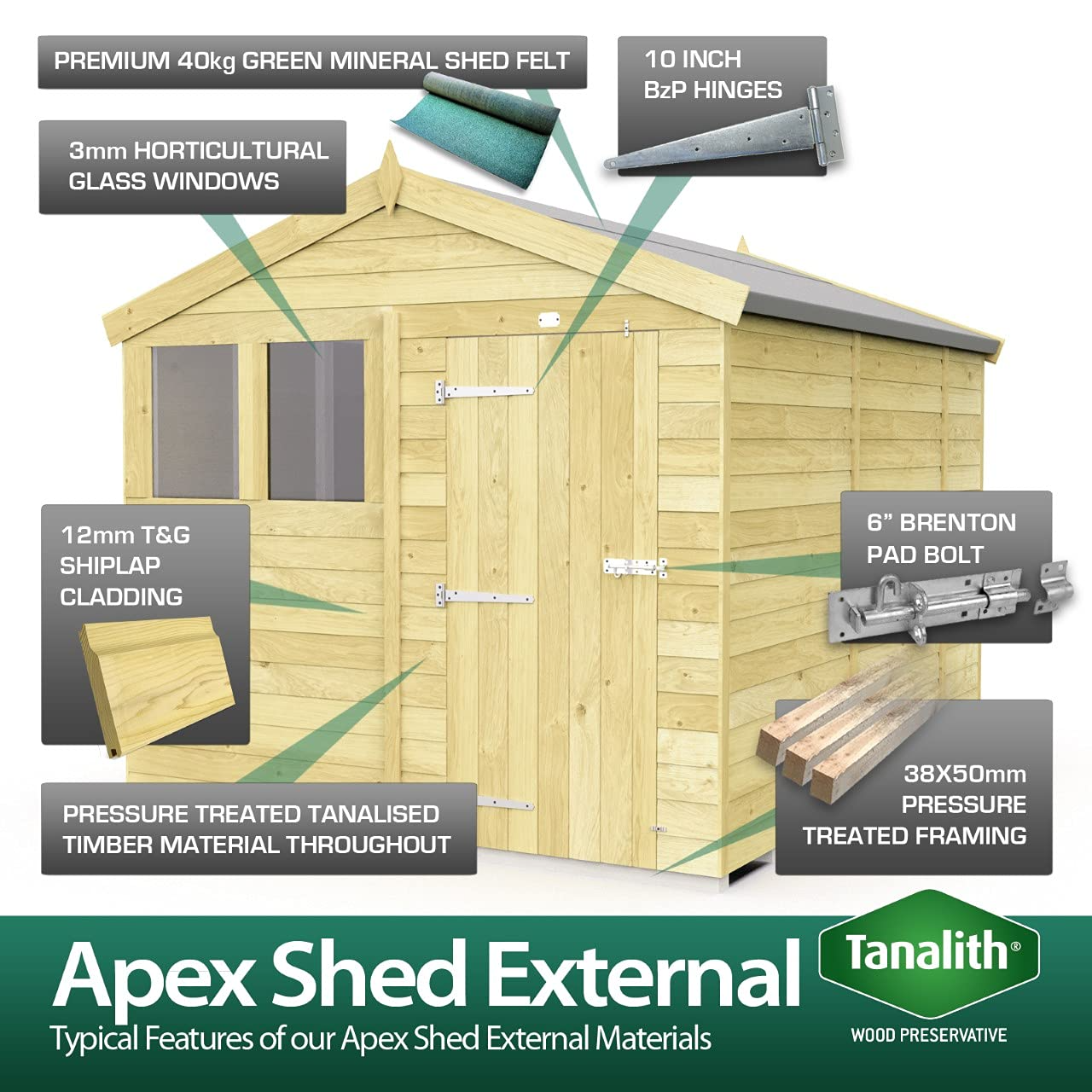 12x6 Apex Summer Shed Double Doors Garden Building