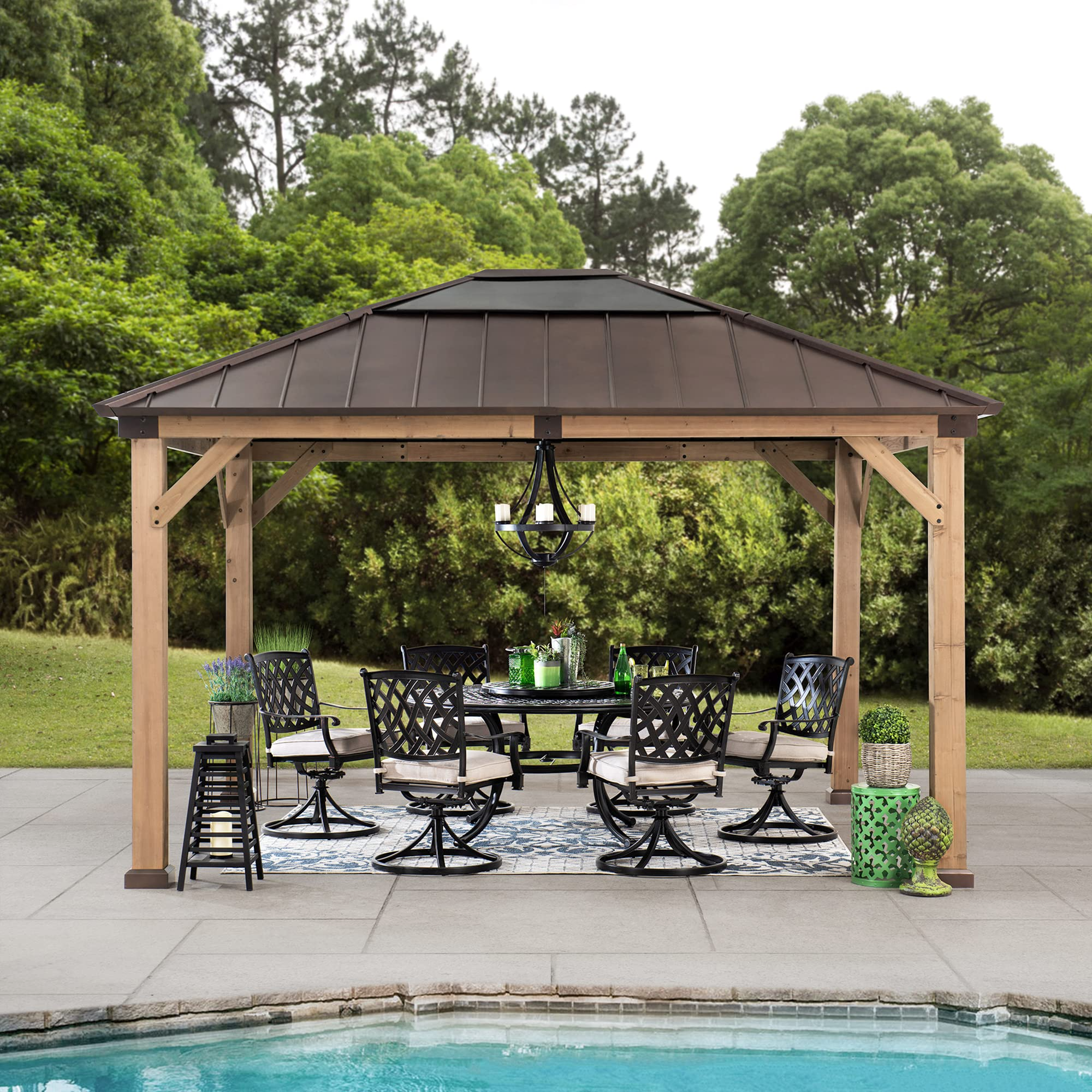 Outdoor Patio 11x13 Cedar Framed Wood Gazebo with Brown Steel