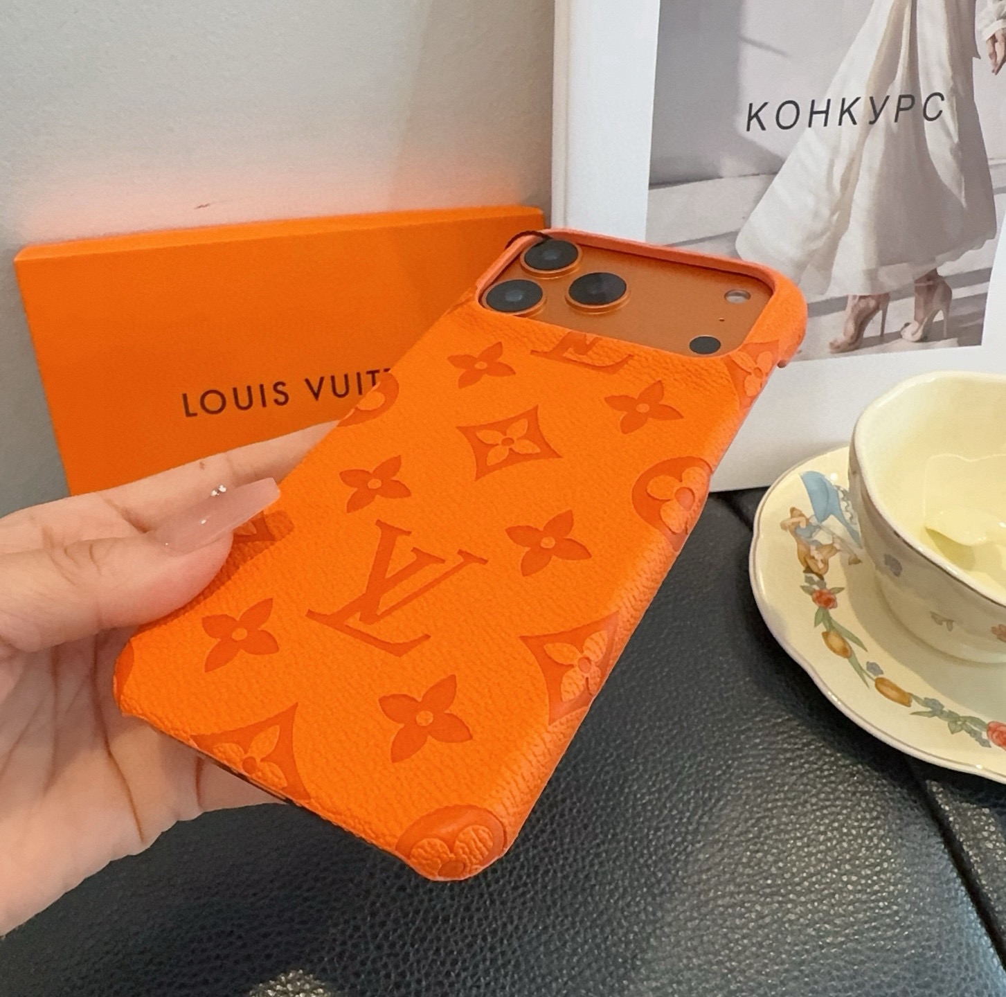 Louis Vuitton Style Embossed Monogram Leather Slim Phone Case