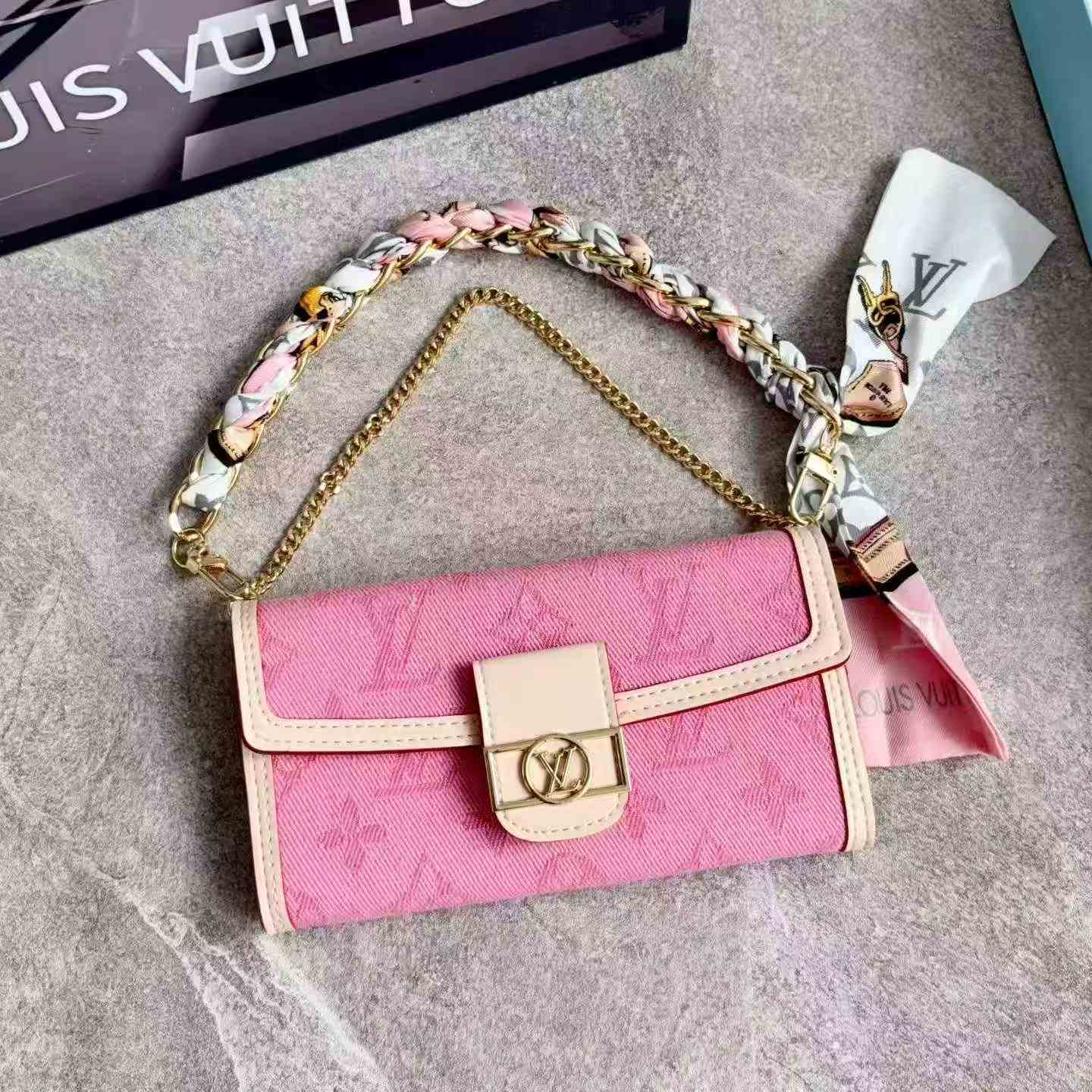 LV Monogram Baguette Shoulder Bag Mini Flap Handbag With Silk Scarf Chain Strap