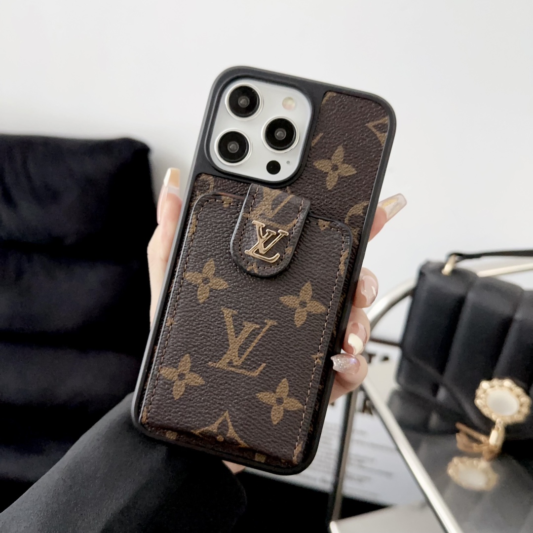 Designer Monogram Card Holder Phone Case with LV & GG Metal Buckle