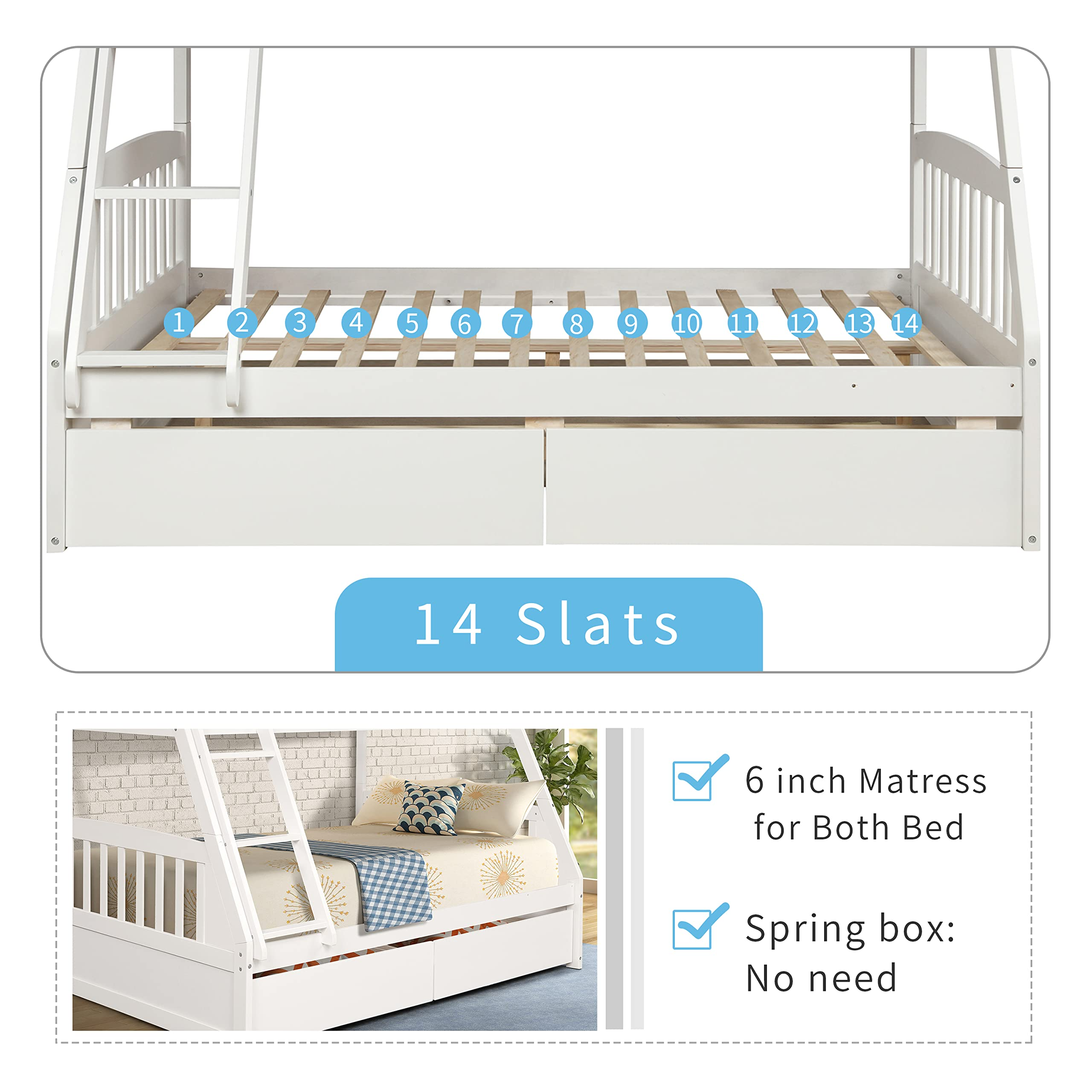 Solid Wood Bunk Bed Frames No Box Spring Needed with Saftey