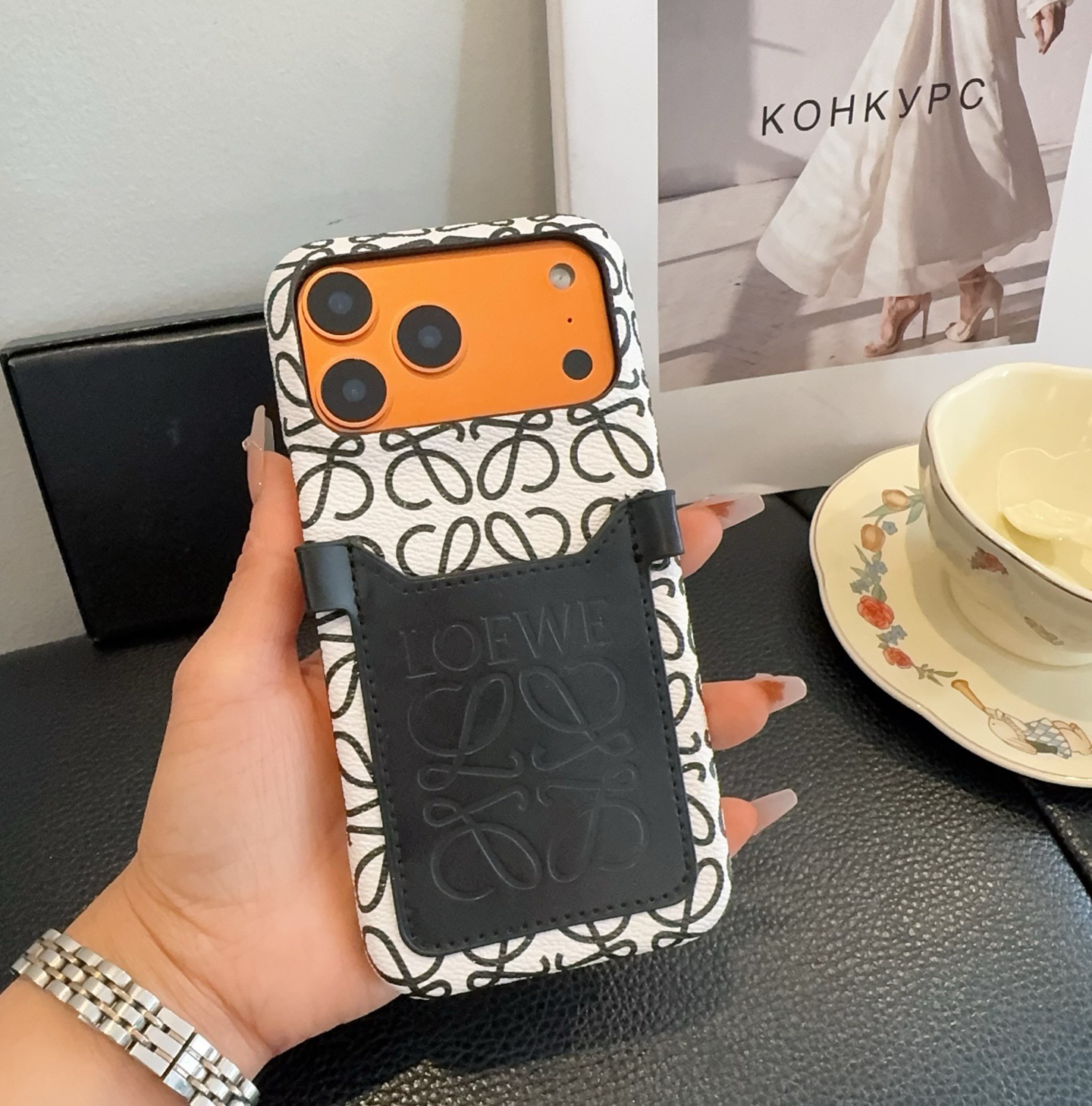 Loewe Style Anagram Embossed Card Holder Crossbody Phone Case
