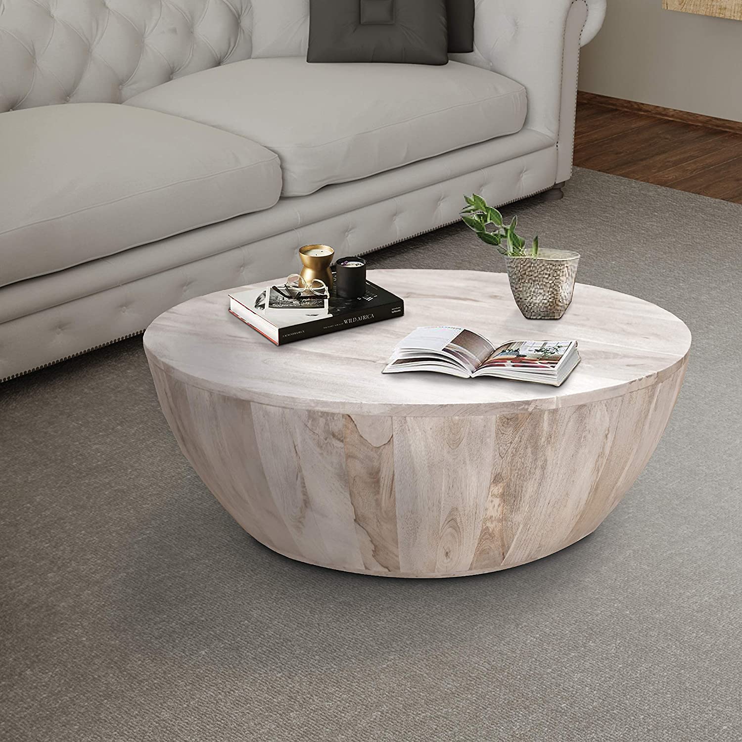 Drum Shape Wooden Coffee Table with Plank Design Base