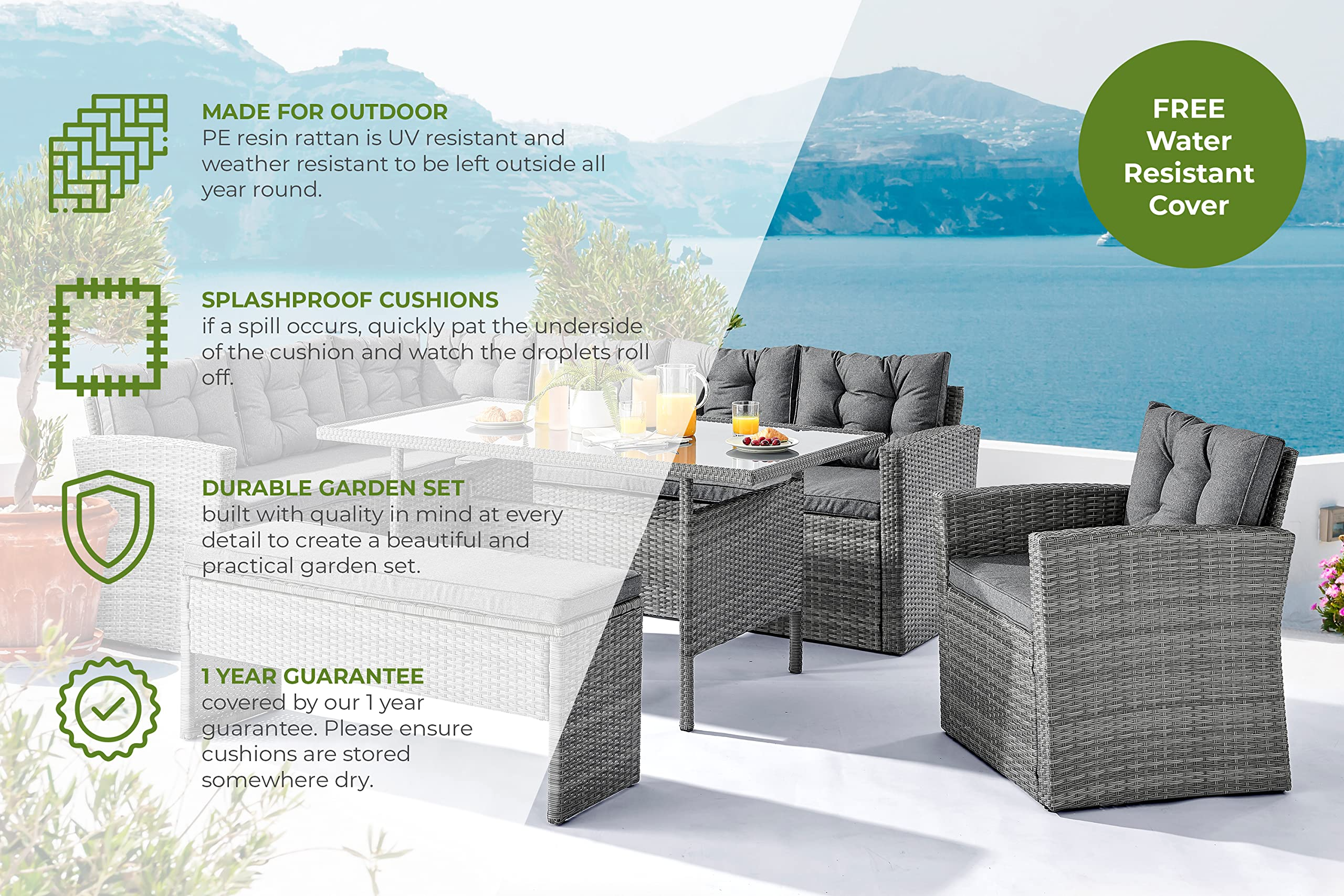 Sorrento Grey Rattan Garden Dining Set 8 Seat - Right Side Facing