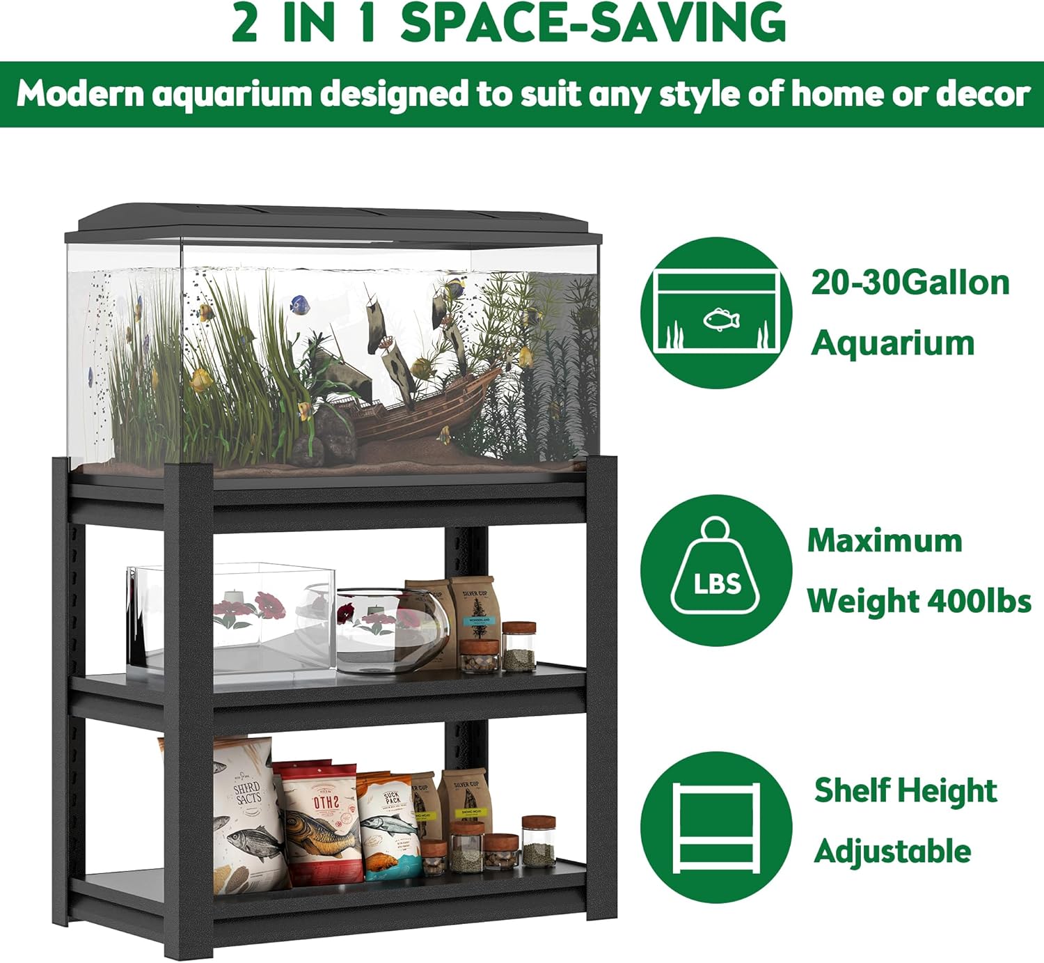 QIHAI 20-30 Gallon Fish Tank Stand - Metal Aquarium Stand, 34 W x 18 D x 31 H Adjustable Heavy Duty Reptile Tank Stand, Adjustable 3-Tier Fish Tank Rack Shelf for Home Office, Tank Not Included