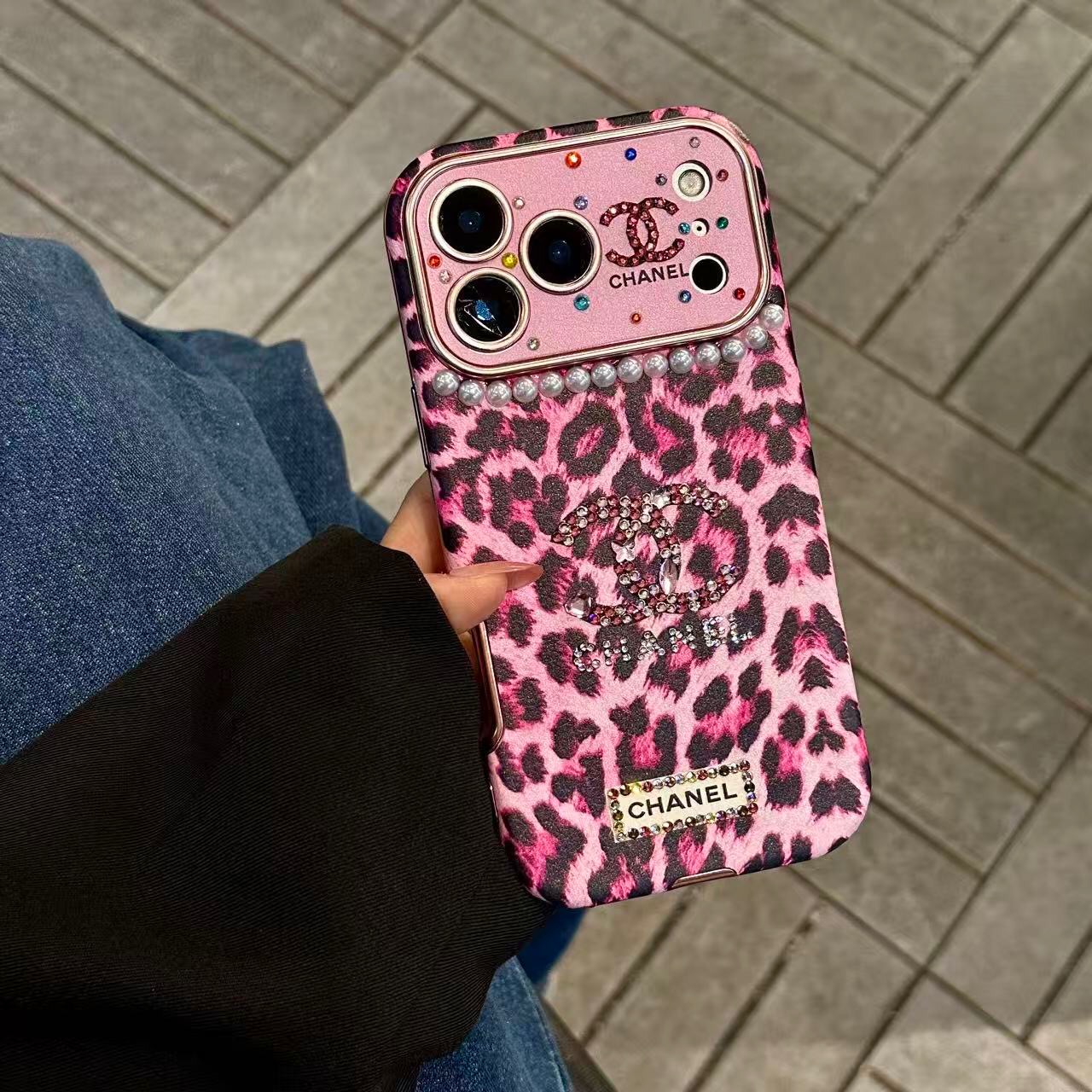 Leopard Print Rhinestone CC Logo Pearl Trim Luxury Shockproof iPhone Case With Crystal Wrist Chain