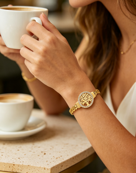 Luxury Gold Tree of Life Crystal Bracelet Watch Women Elegant Stainless Steel Dress Wrist Jewelry Watch