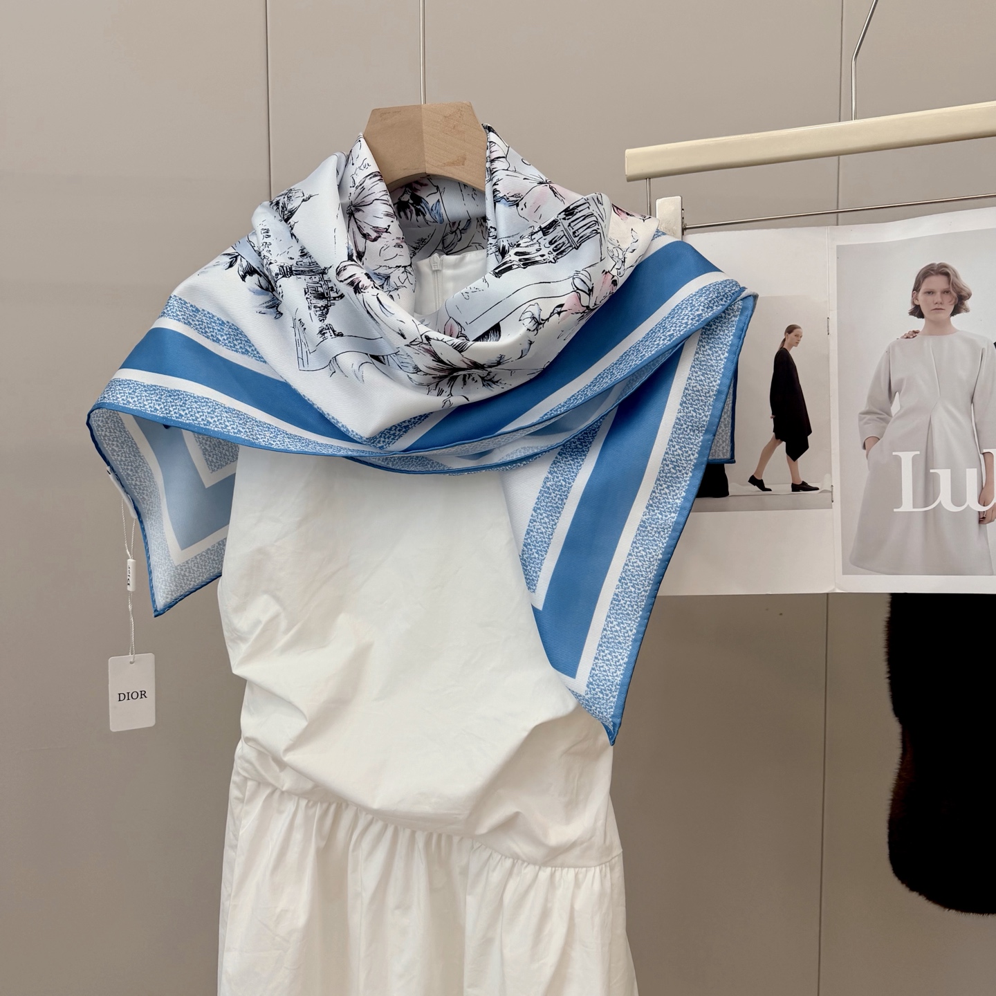 Dior Toile Print Silk Scarf Pink and Blue