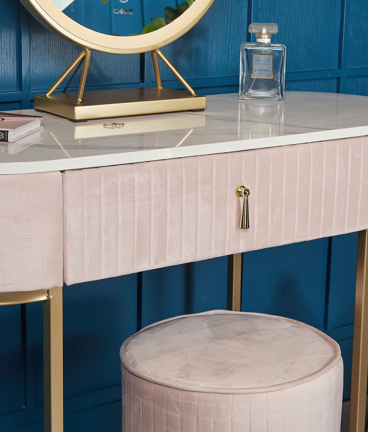 Velvet Dressing Table with LED Light Mirror Touch Sensor