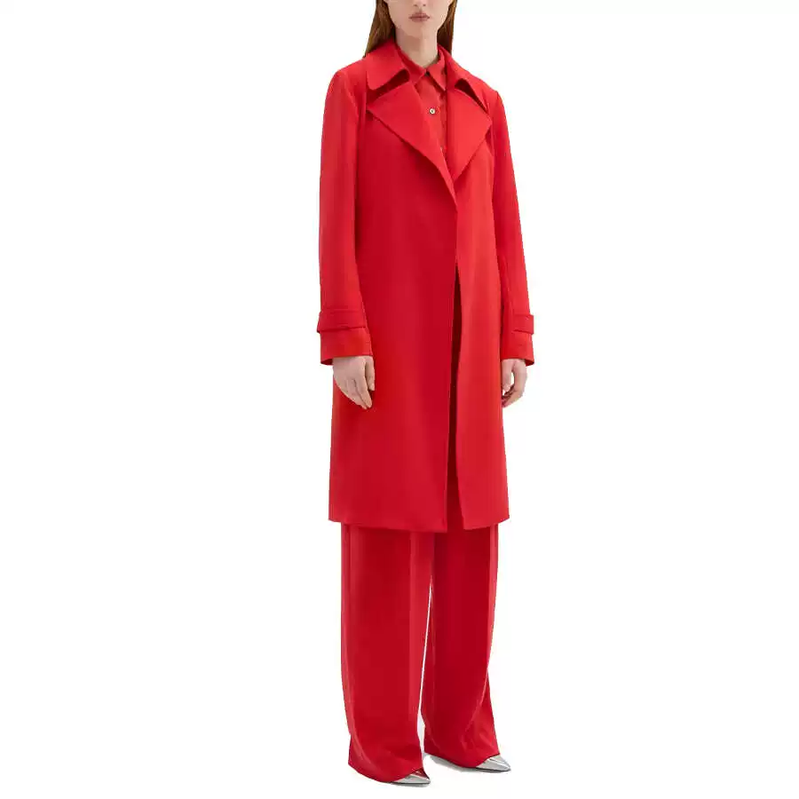 Solid color tie-waist mid-length trench coat
