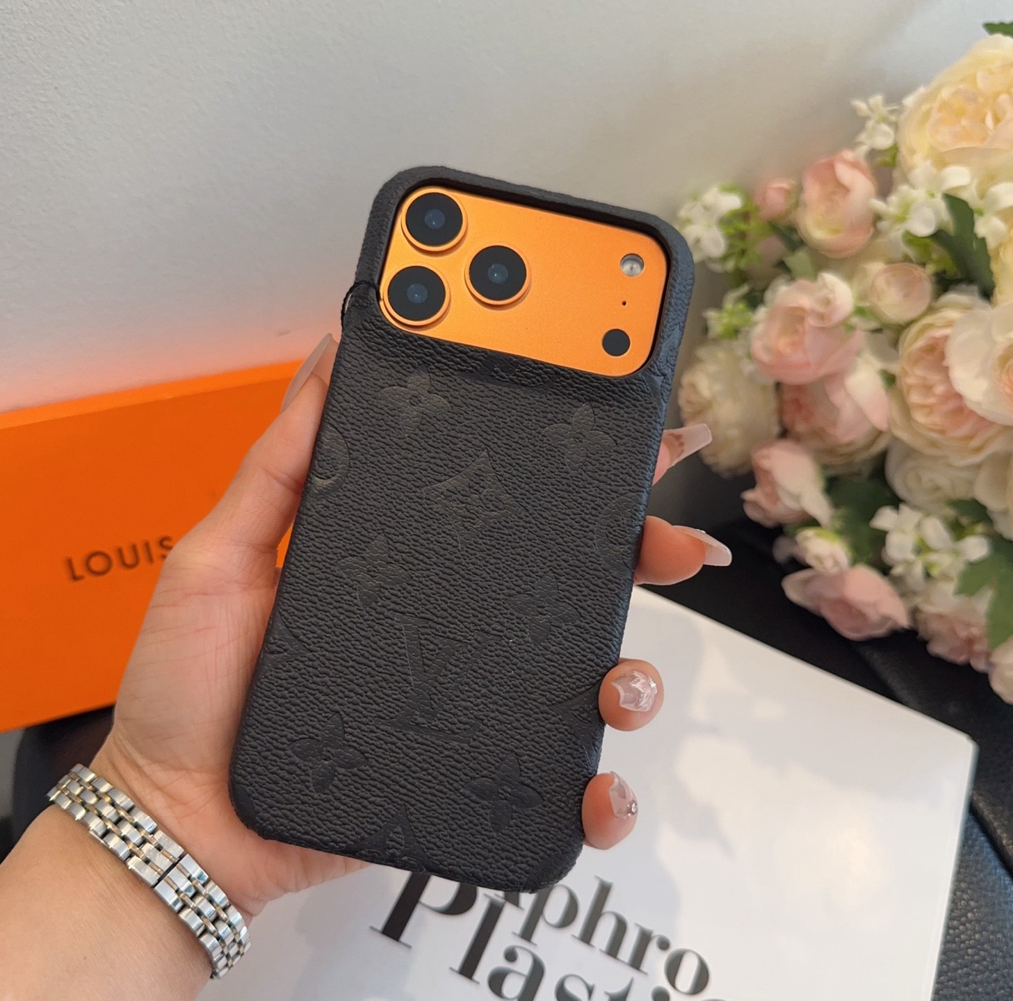 Louis Vuitton Style Embossed Monogram Leather Slim Phone Case