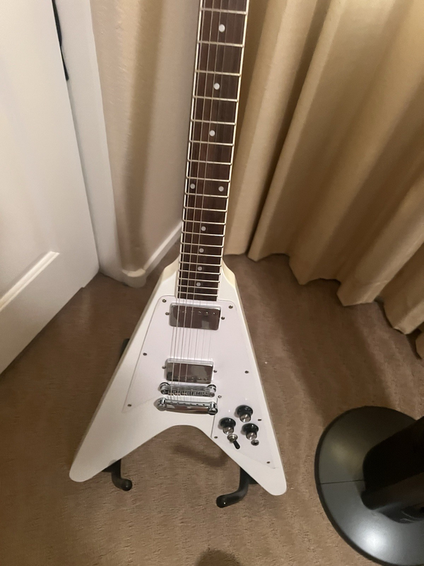 White Flying V Electric Guitar Solid Mahogany Chrome Hardware HH Pickups