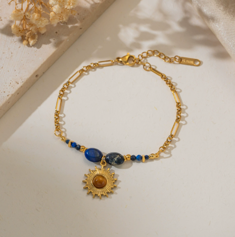 Natural Lapis Lazuli Sun Pendant Bracelet | Gold Plated Stackable Chain Bracelet