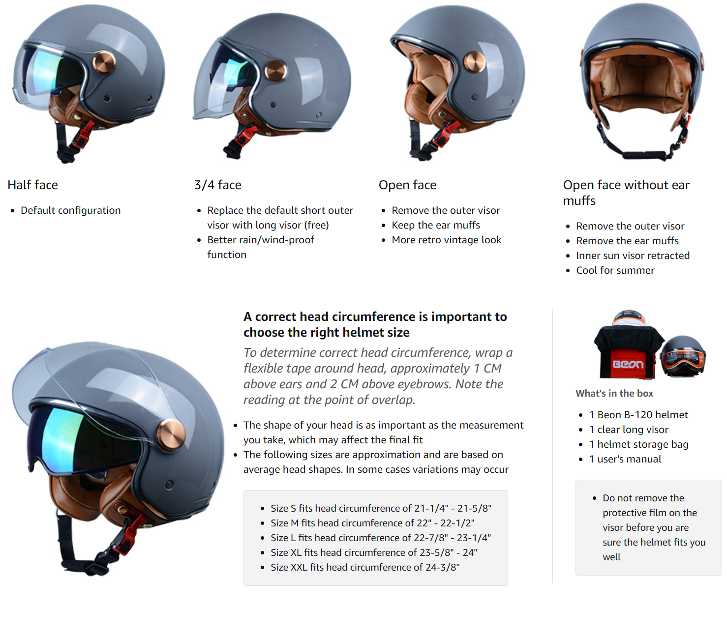 BEON Open Face Motorcycle Helmet for Adults