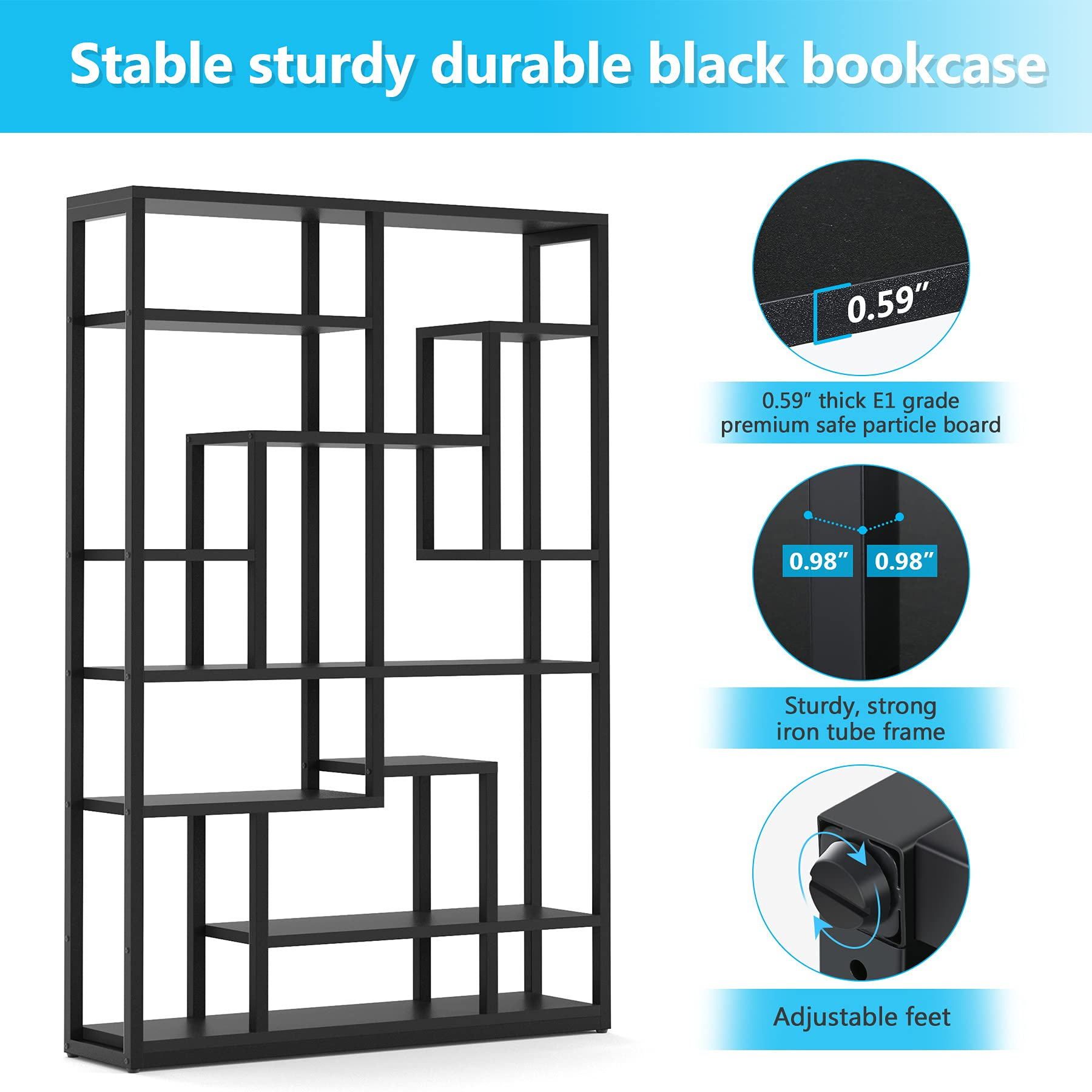 Black Bookshelf 47” Bookcase 9 Tier Tall Book Shelf Rustic