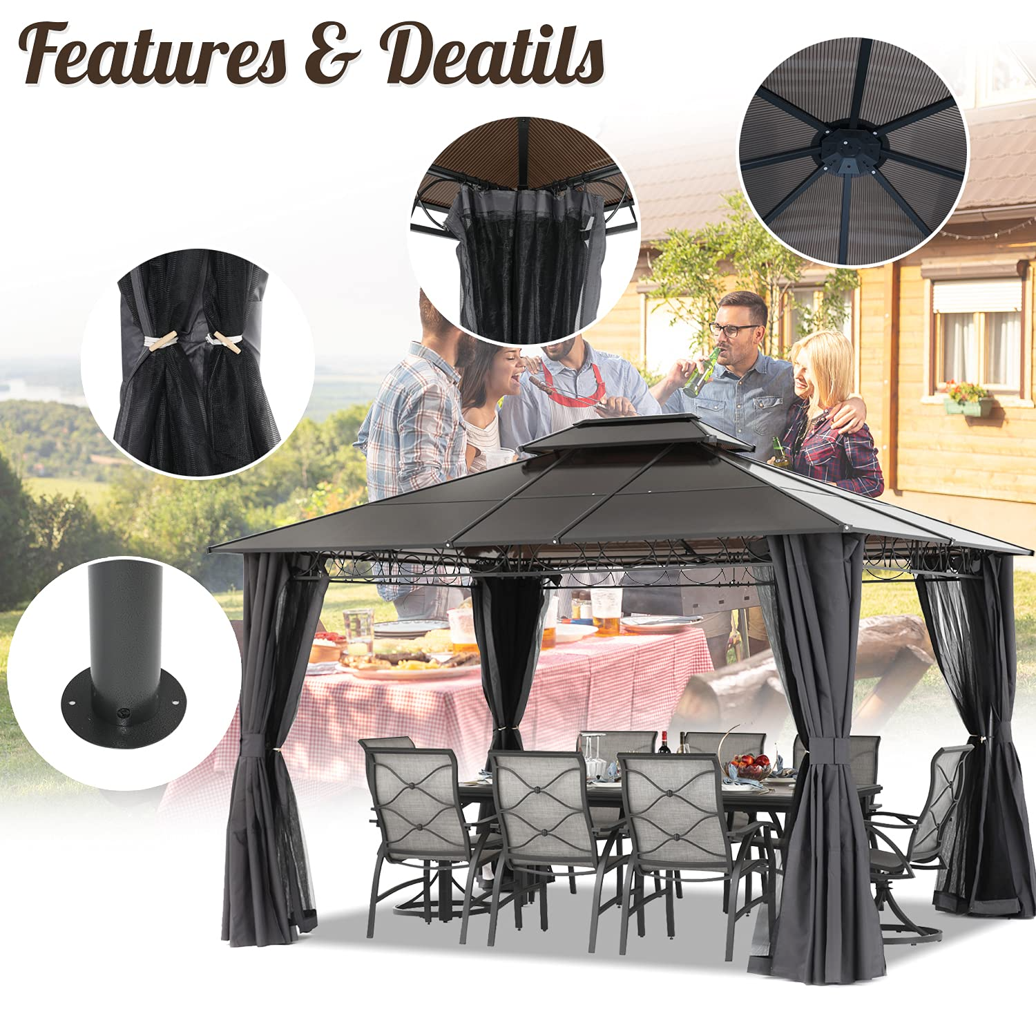 Double Roof Hardtop Patio Gazebo Canopy Frame with Netting
