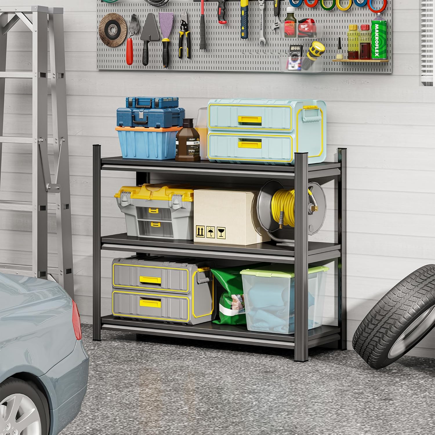 QIHAI 3-Layer Storage Rack, Metal Storage Rack, Adjustable Height Partition, Suitable For Living Room, Kitchen, Supermarket, Garage. Black, Requires Assembly, 31.5 H* 39.37 L * 13.77 D