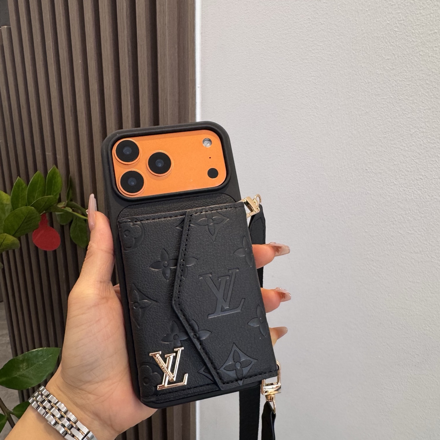 Louis Vuitton Embossed Monogram Card Holder Crossbody Strap Luxury Phone Case