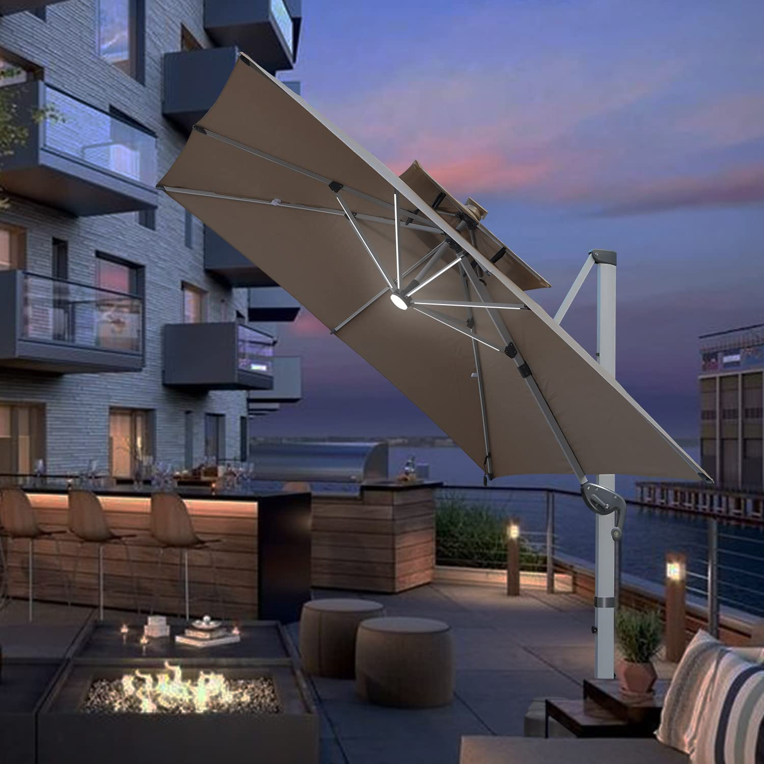 10 FT Square Cantilever Umbrella with Solar LED Lights & Cross