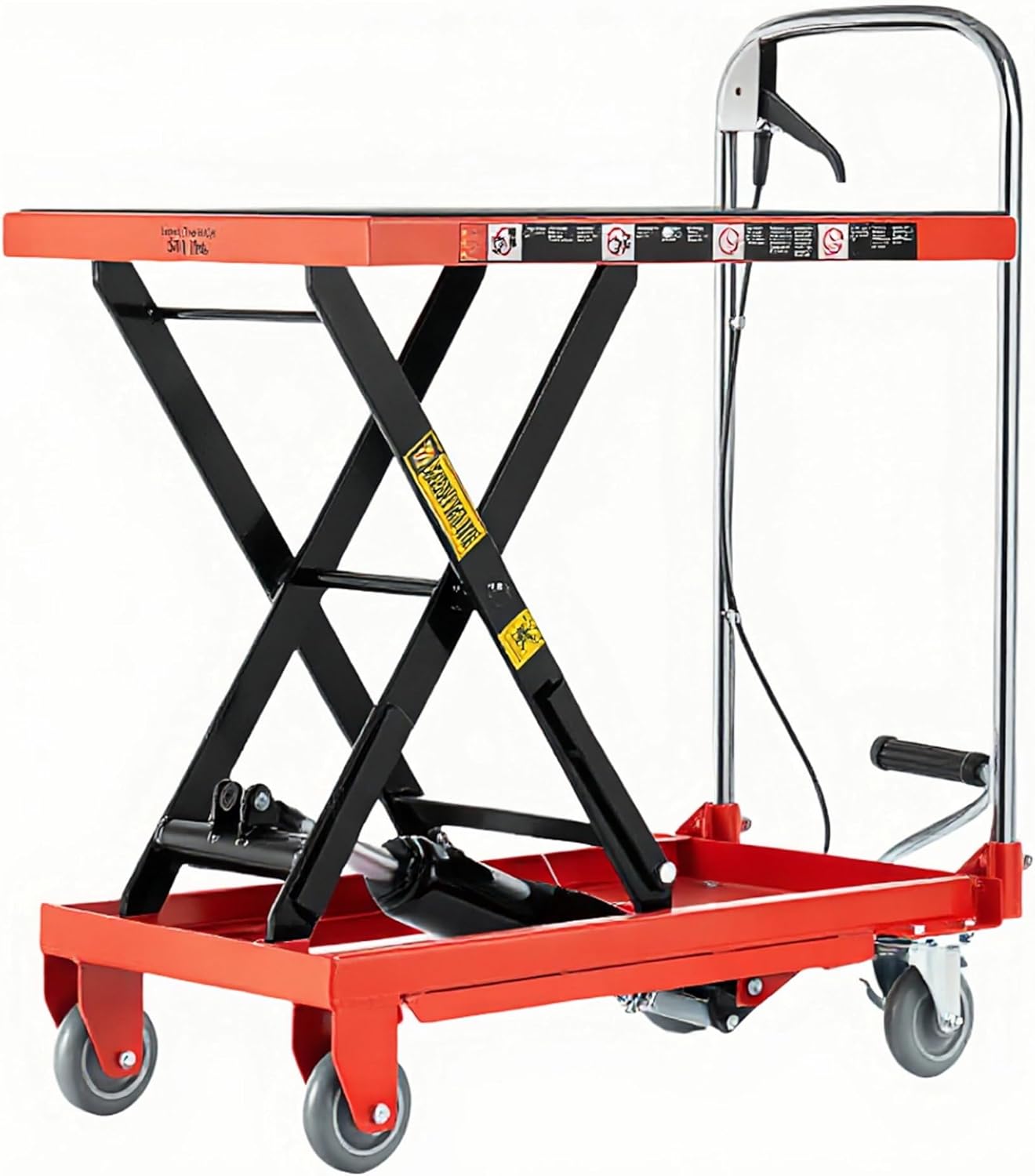 Hydraulic Lift Table Cart,500lbs Load Capacity 28.5Inch Lifting Height, Single Scissor Lift Table with Non-Slip Pads and 4 Wheels, for Material Handling and Transportation, Red