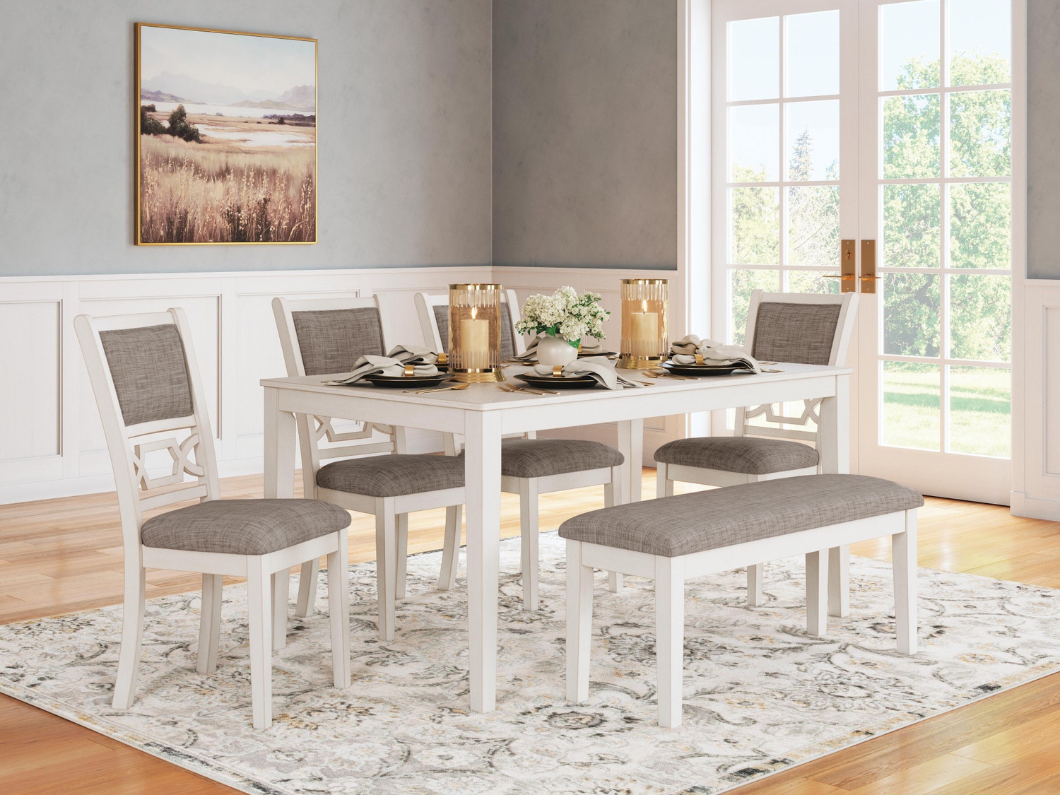 Wrenning / Langwest / Erinberg Dining Table, 4 Chairs and Bench (Set of 6)