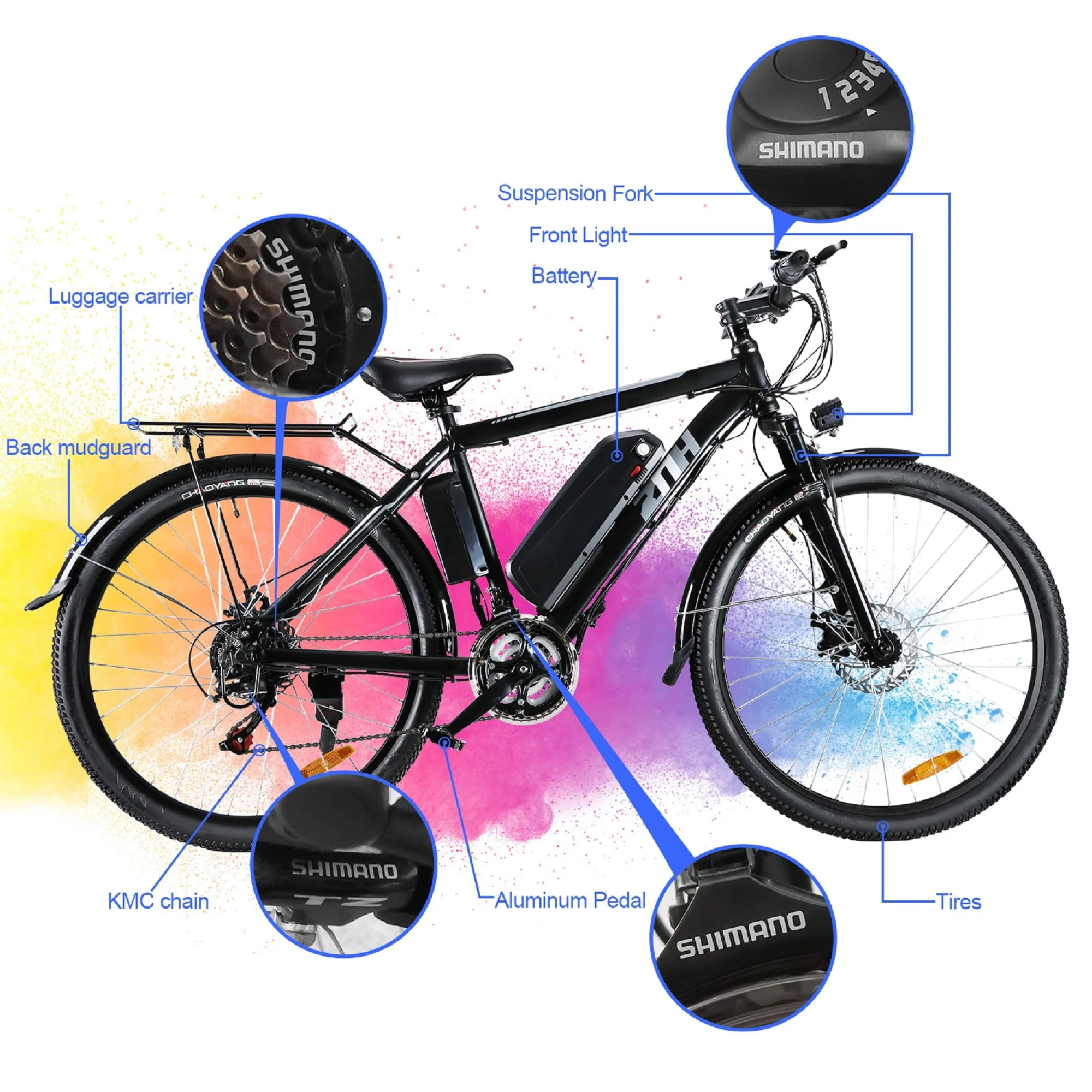ZNH 26in Electric Mountain Bike, 350W, 36V 10Ah, Black