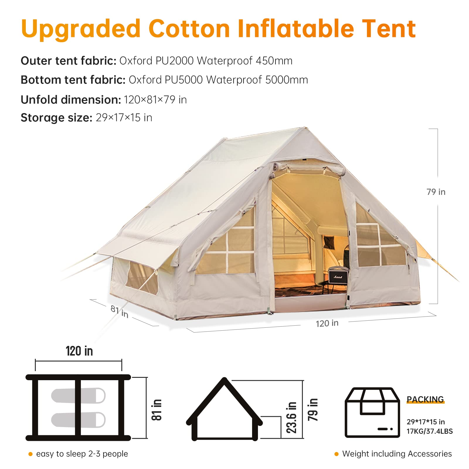 6.3m2 Inflatable Cotton Series Tent Portable Family People Travel