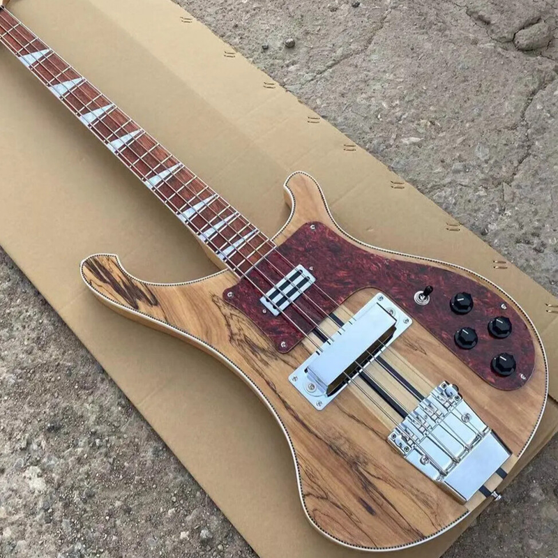 Through Body Electric Bass Guitar Spalted Maple Chrome Parts Fixed Bridge Top