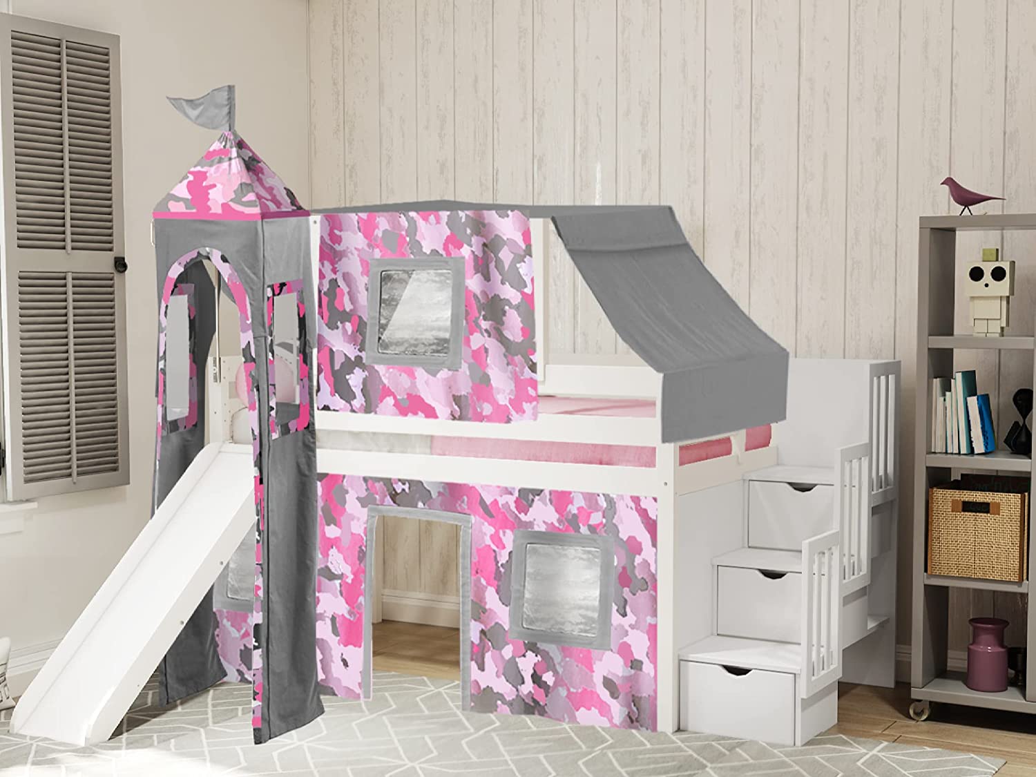 Princess Low Loft Stairway Bed with Slide Pink & White Tent &