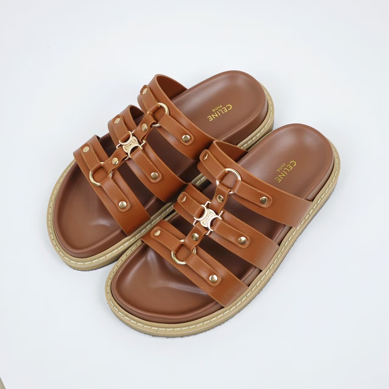 Celine Triomphe Leather Strap Sandals