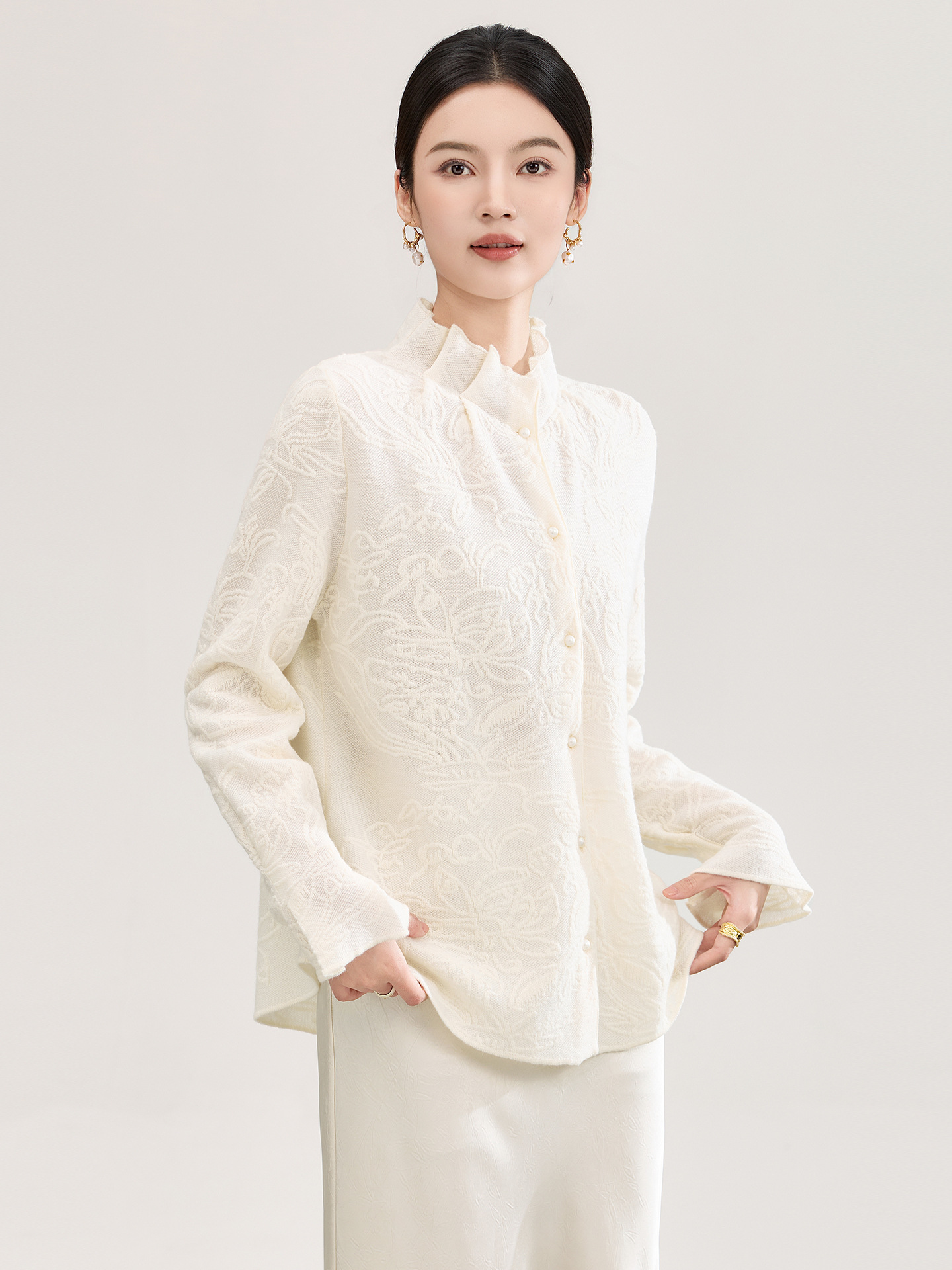 Autumn Lace Hook Flower Splicing Design Long Sleeve Sweater Slimming Base Layer Top