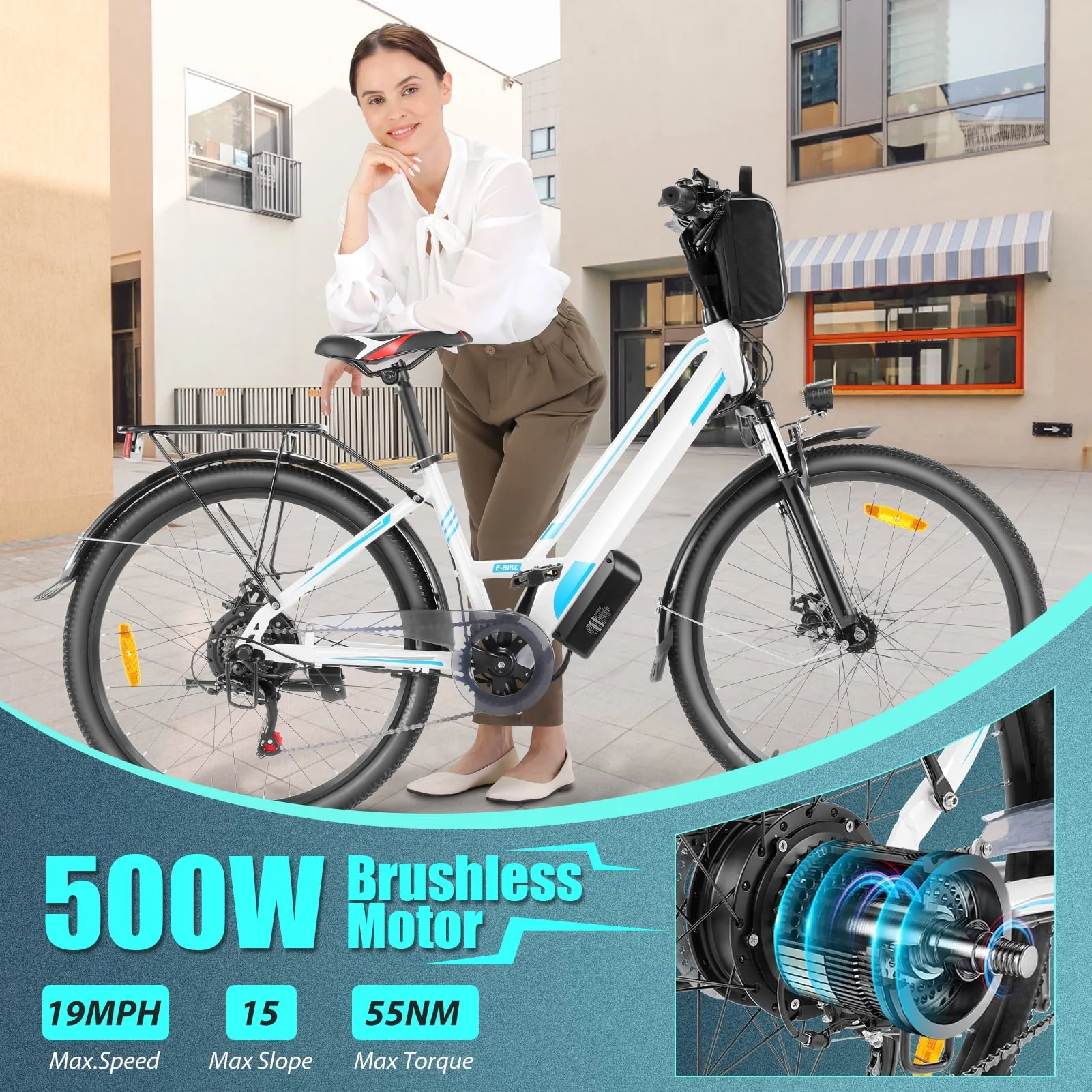 Elifine 26in Electric Commuter Bike, 500W, 48V 7.8Ah, 7-Speed