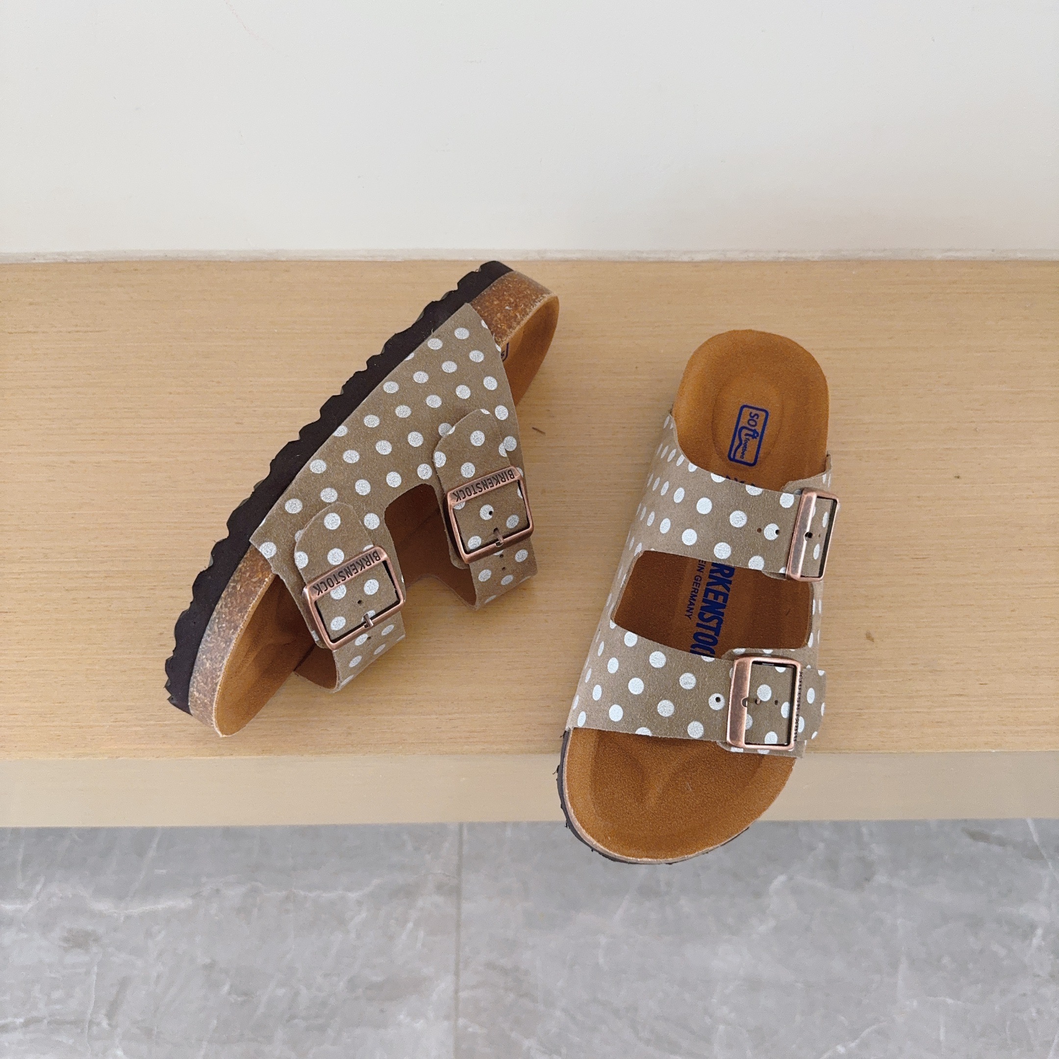 Polka Dot Birken-Style Two-Strap Sandals