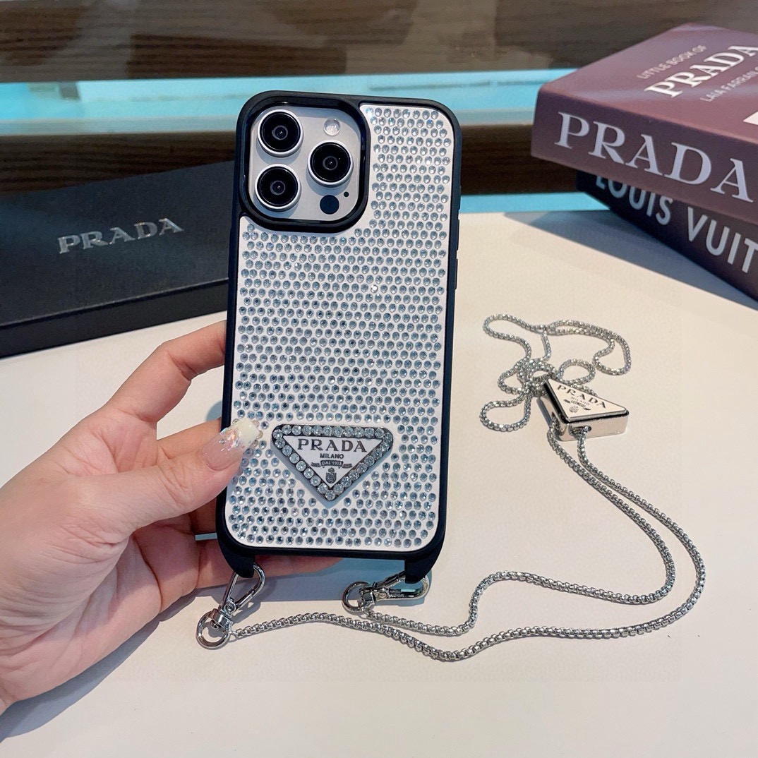Prada Style Full Diamond Glitter Phone Case With Crossbody Chain Strap