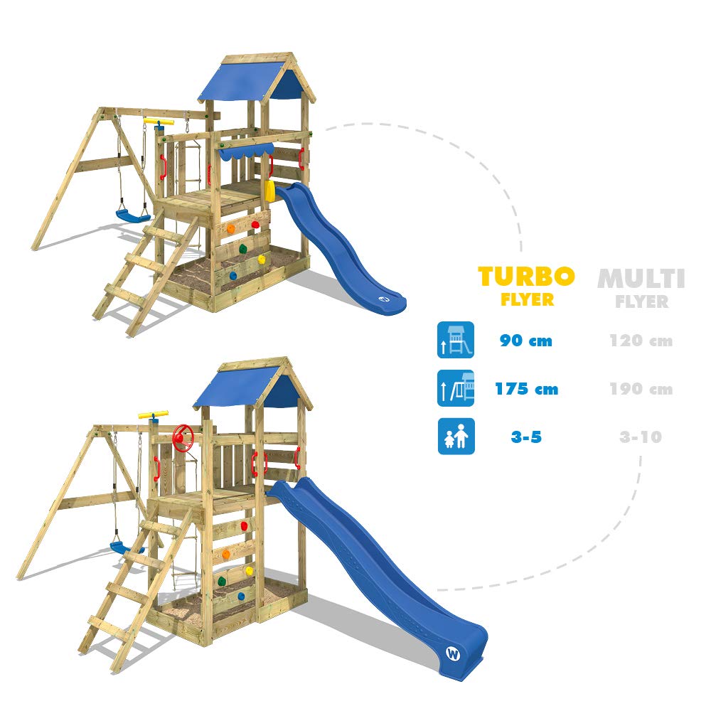 Wooden climbing frame TurboFlyer with swing set and blue slide