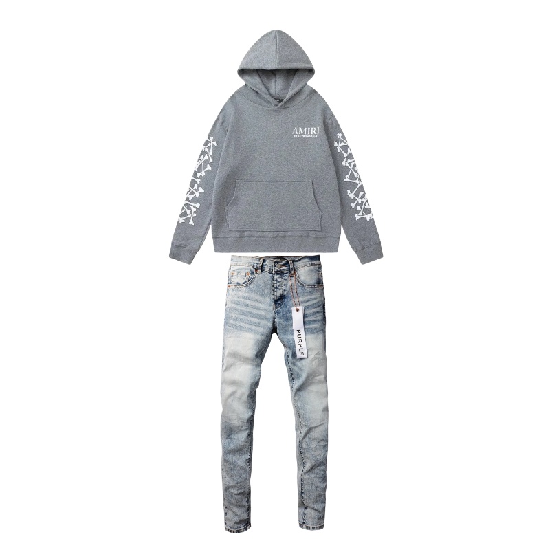 Amiri Bones Stacked Grey Hoodie + Purple Jeans baby blue 002