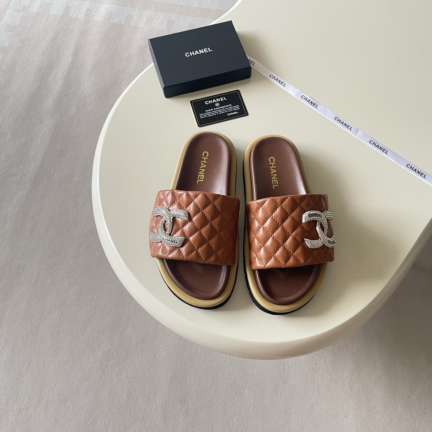 Chanel Embroidered Logo Strap Slides - Brown