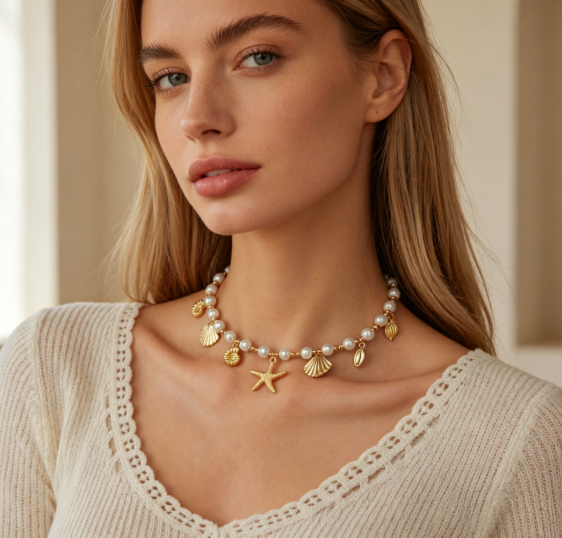 Women’s Beach‑Style Pearl Beaded Choker Necklace, 14K Gold Plated Starfish & Shell Charms Jewelry