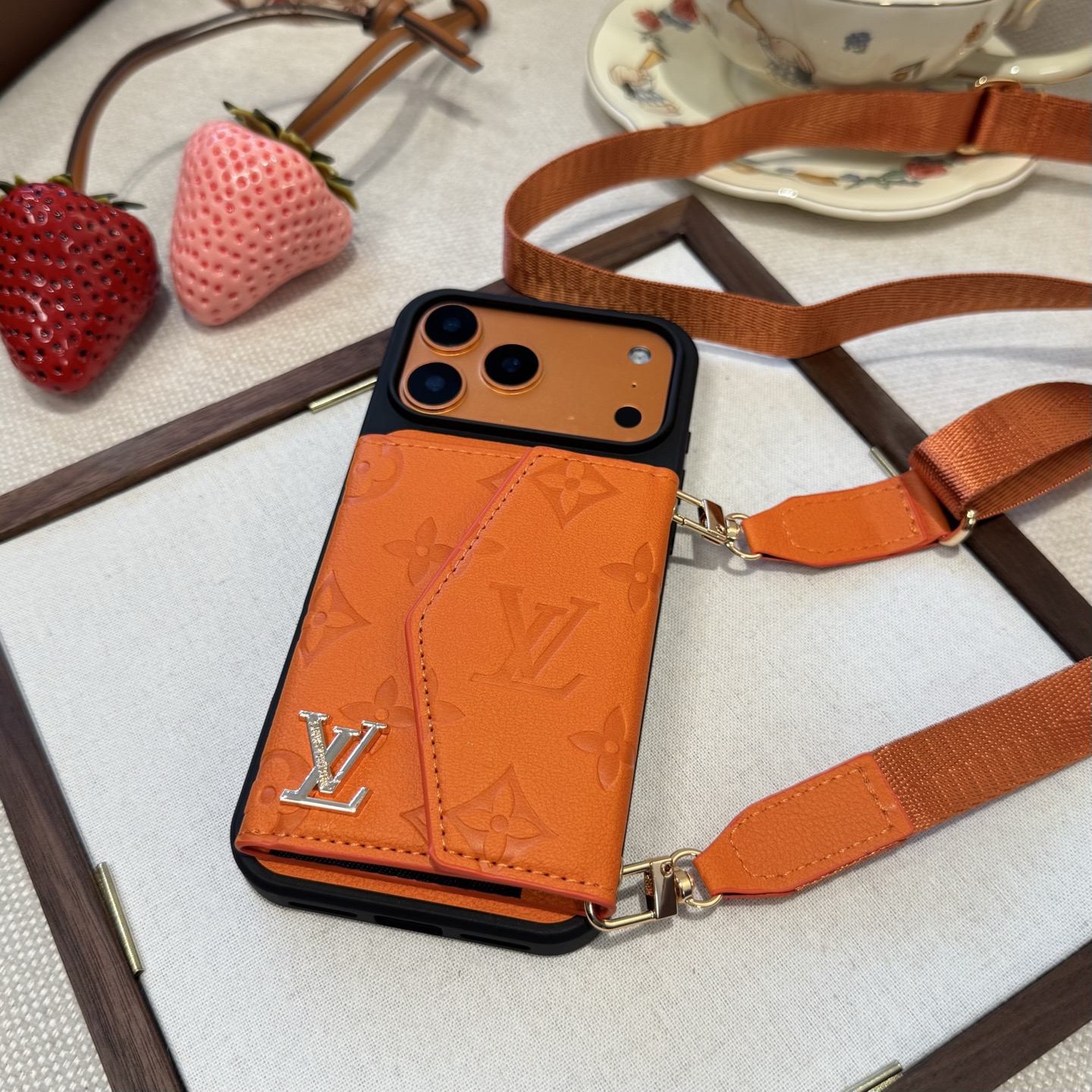 Louis Vuitton Embossed Monogram Card Holder Crossbody Strap Luxury Phone Case