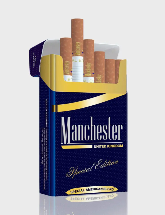 Limited edition Manchester Special Edition 10-pack carton showing special American blend