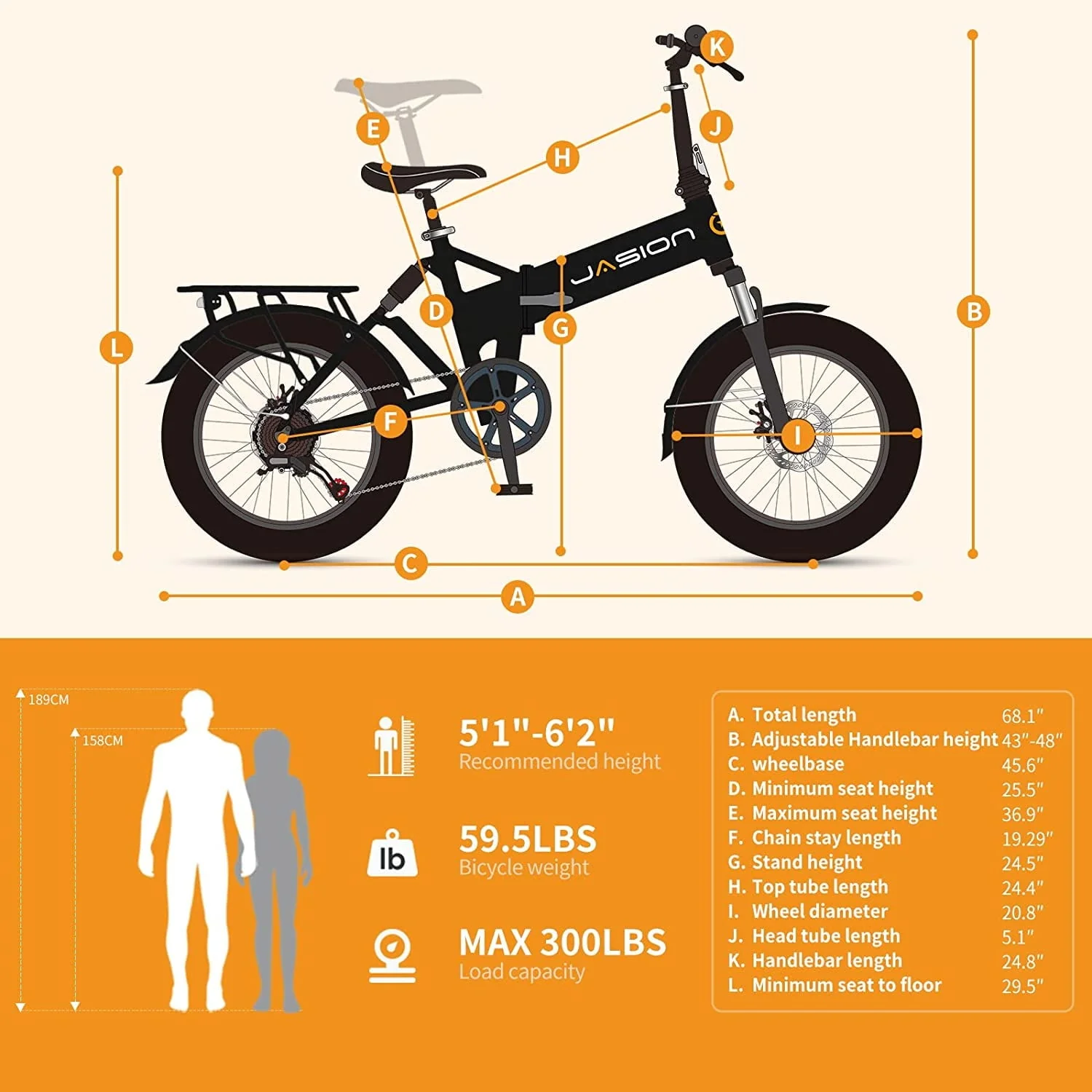 Jasion EB7 2.0 20in Folding Fat Tire Electric Bike, 500W, 48V 10Ah