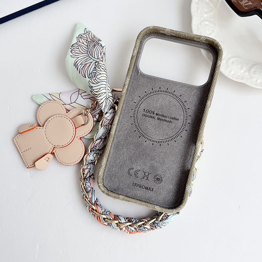 LV Monogram Denim Card Holder Phone Case With Chain Wrist Strap Vivienne Flower Charm