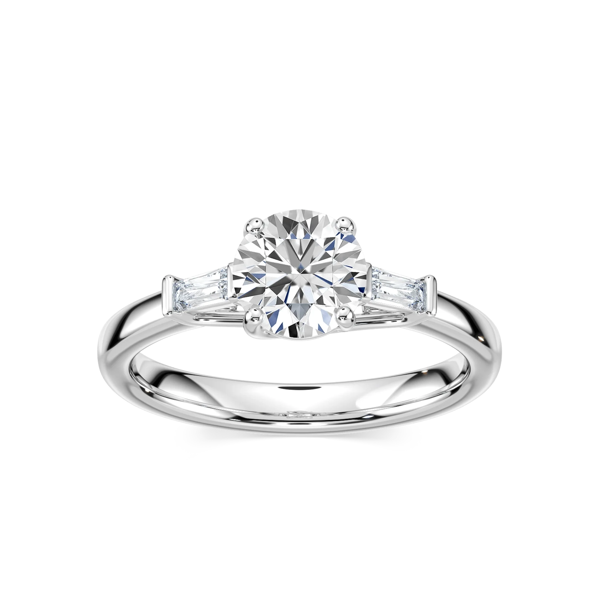 Carma Lab Grown Diamond Tapered Baguette Sides Three Stone Engagement Ring
