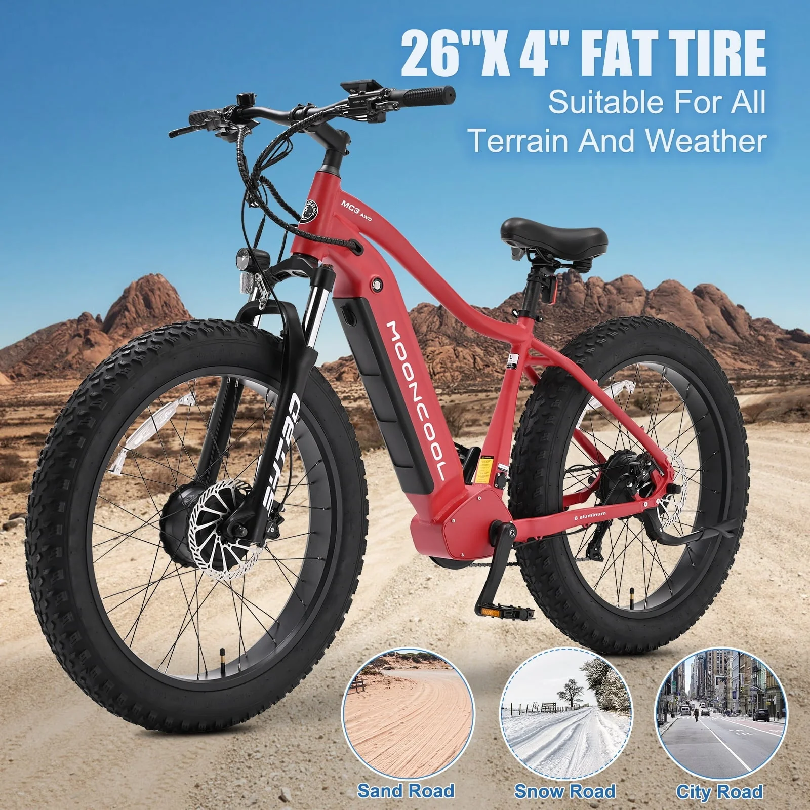 FICISOG 26in Fat Tire Electric Bike, Dual 500W Motors, 48V 15Ah