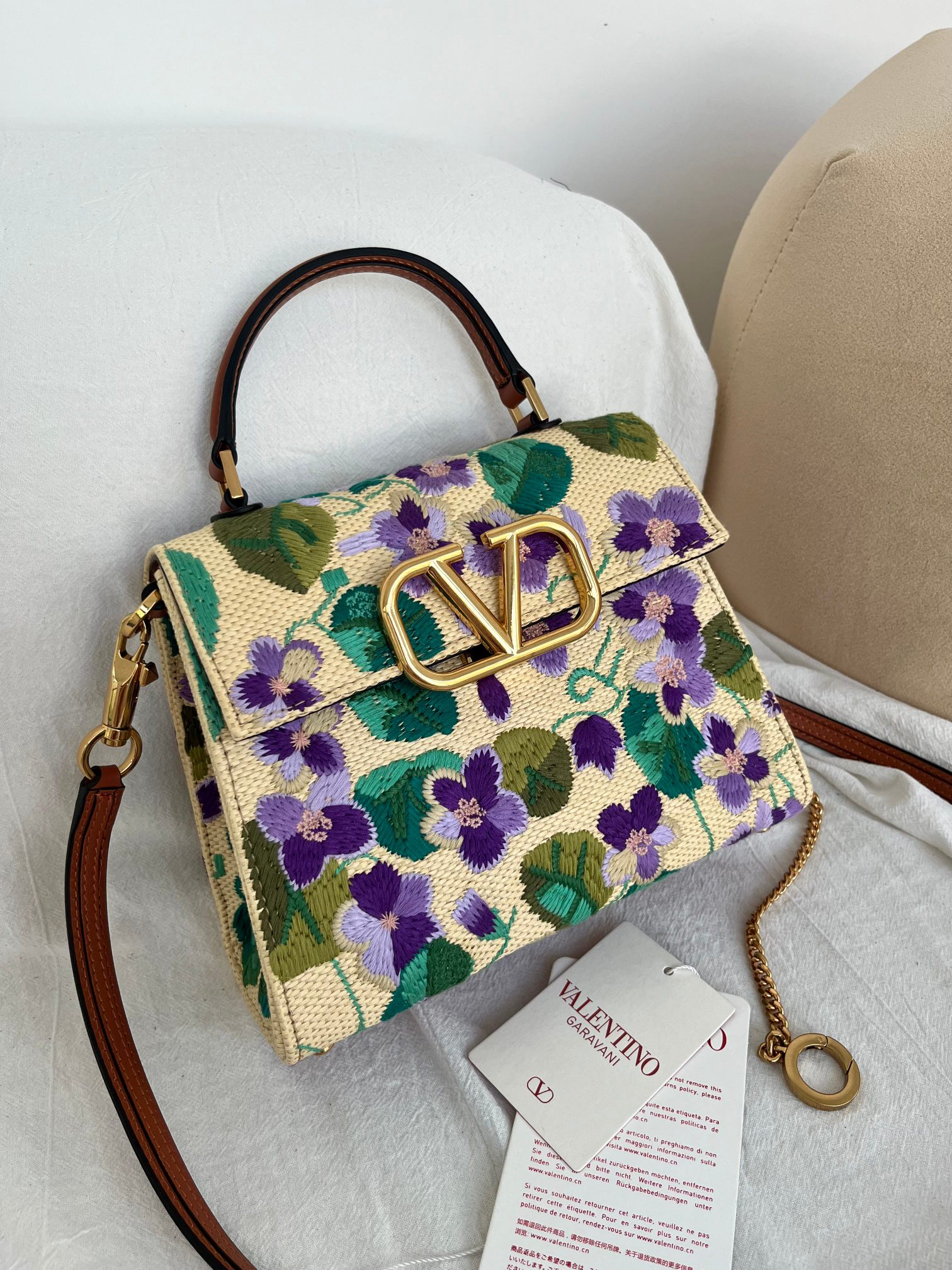 Valentino Garavani Small VSling Embroidered Raffia Floral Top Handle Bag