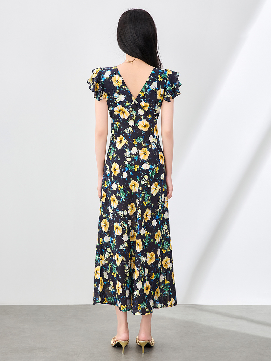 Elegant Silk Print Maxi Dress Beach Vacation Women's Floral A- Line Dress Short Sleeve V-Neck Midi Dress